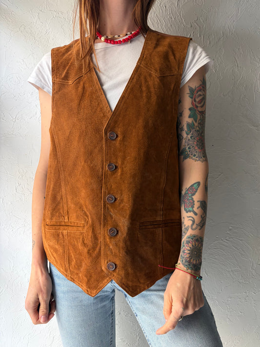 90s 'Pelle Cuir' Brown Suede Minimalist Western Cowboy Vest / Large
