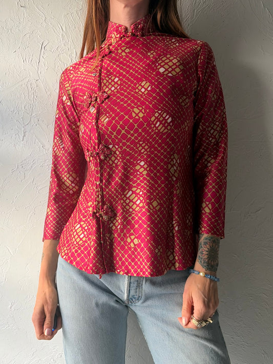 Vintage Pink Abstract Print Retro Mandarin Collared Romantic Asian Inspired Tops / Small