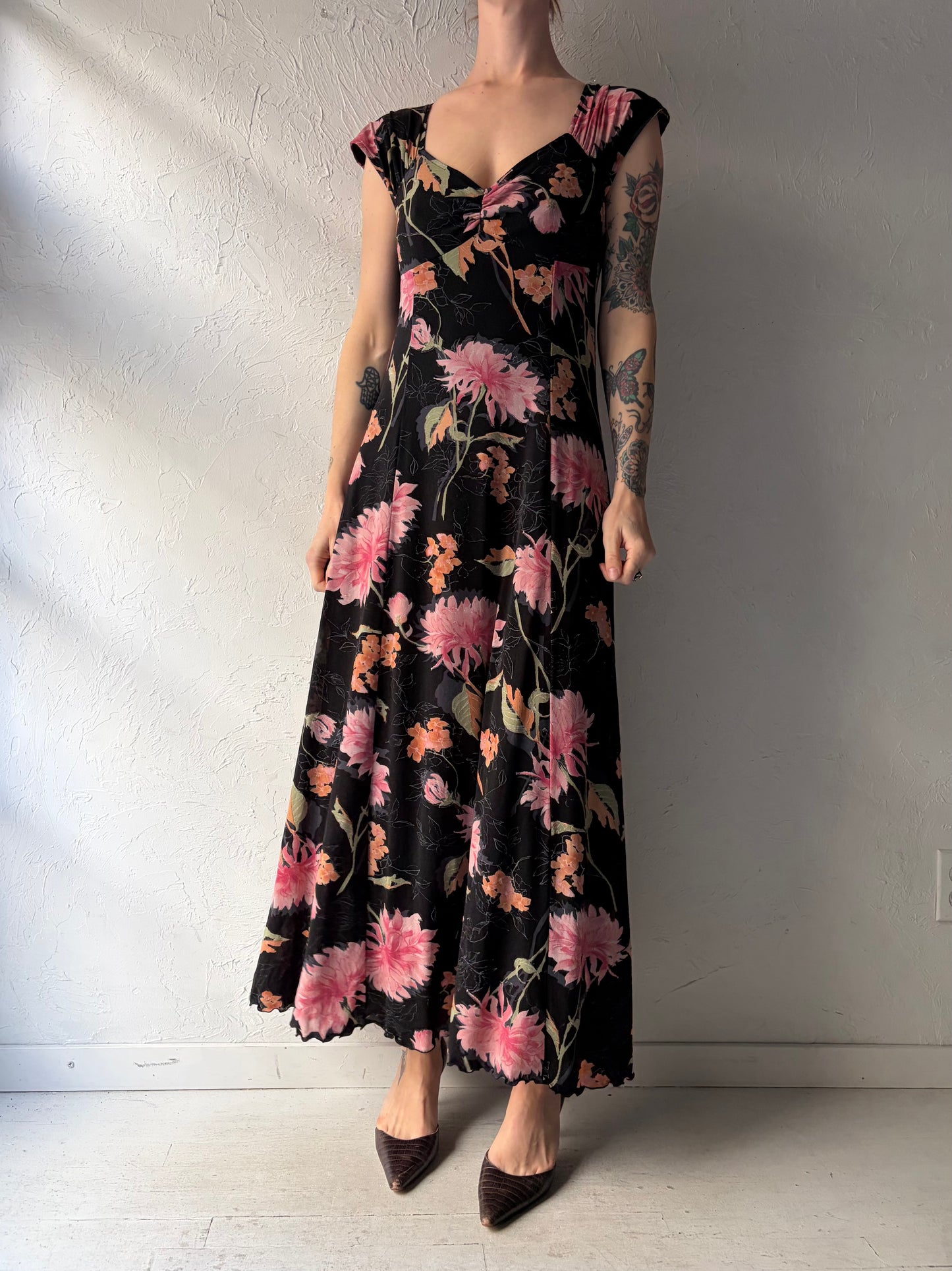 Y2k 'Zizi' Black Floral Fitted Goth Core Maxi Summer Dress / Medium
