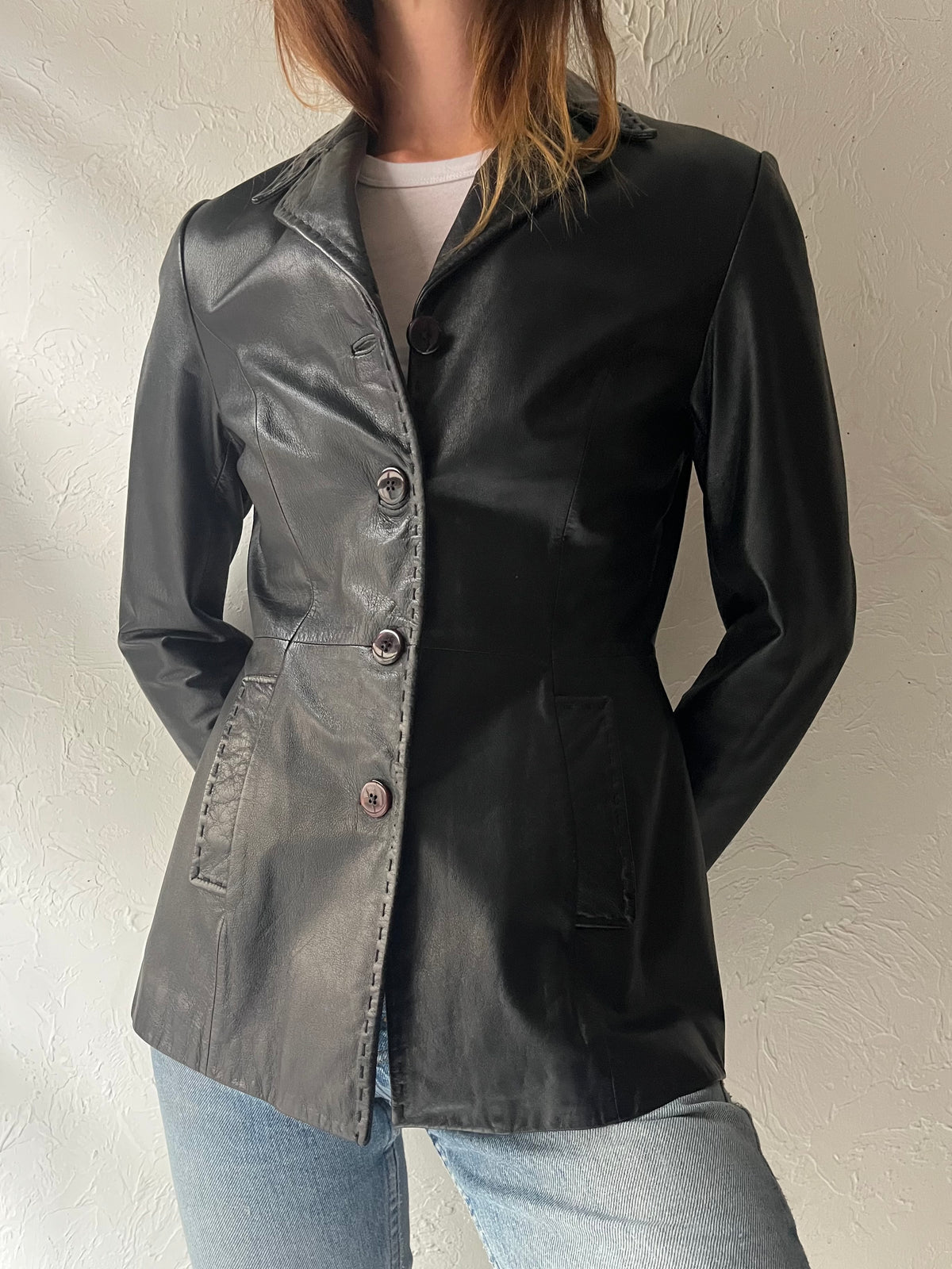 90s 'Danier' Black Minimalist Leather Jacket / Small