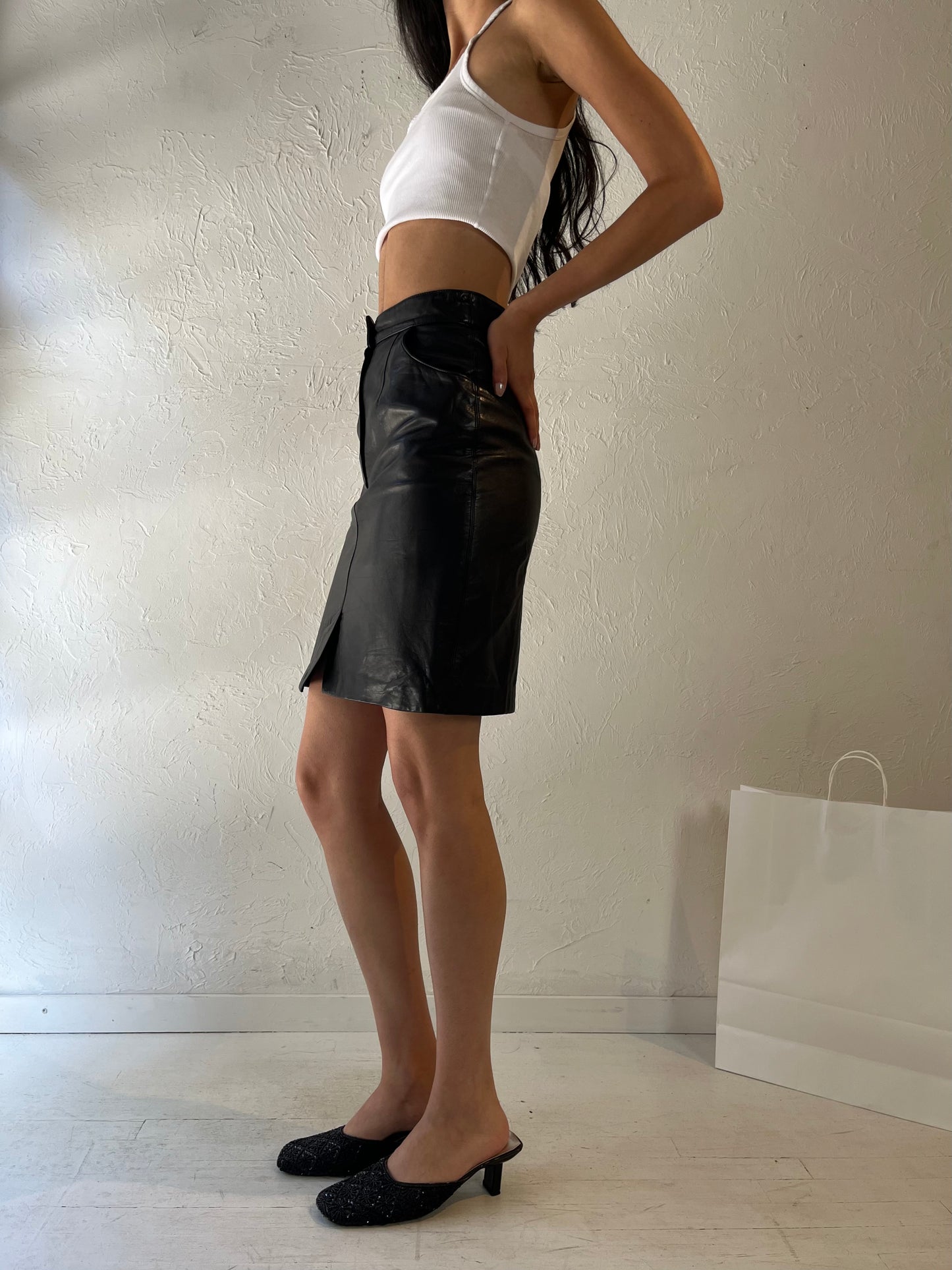 Vintage Black Leather Mini Skirt / Small