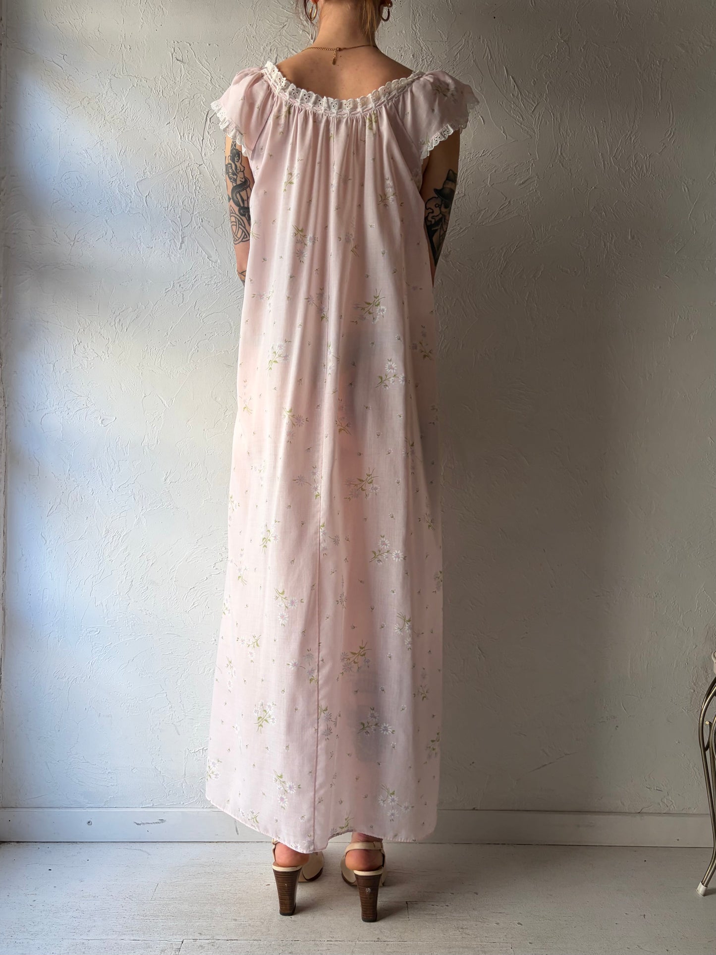 80s 'Komar' Pink Daisy Print Nighty Maxi Dress / Small