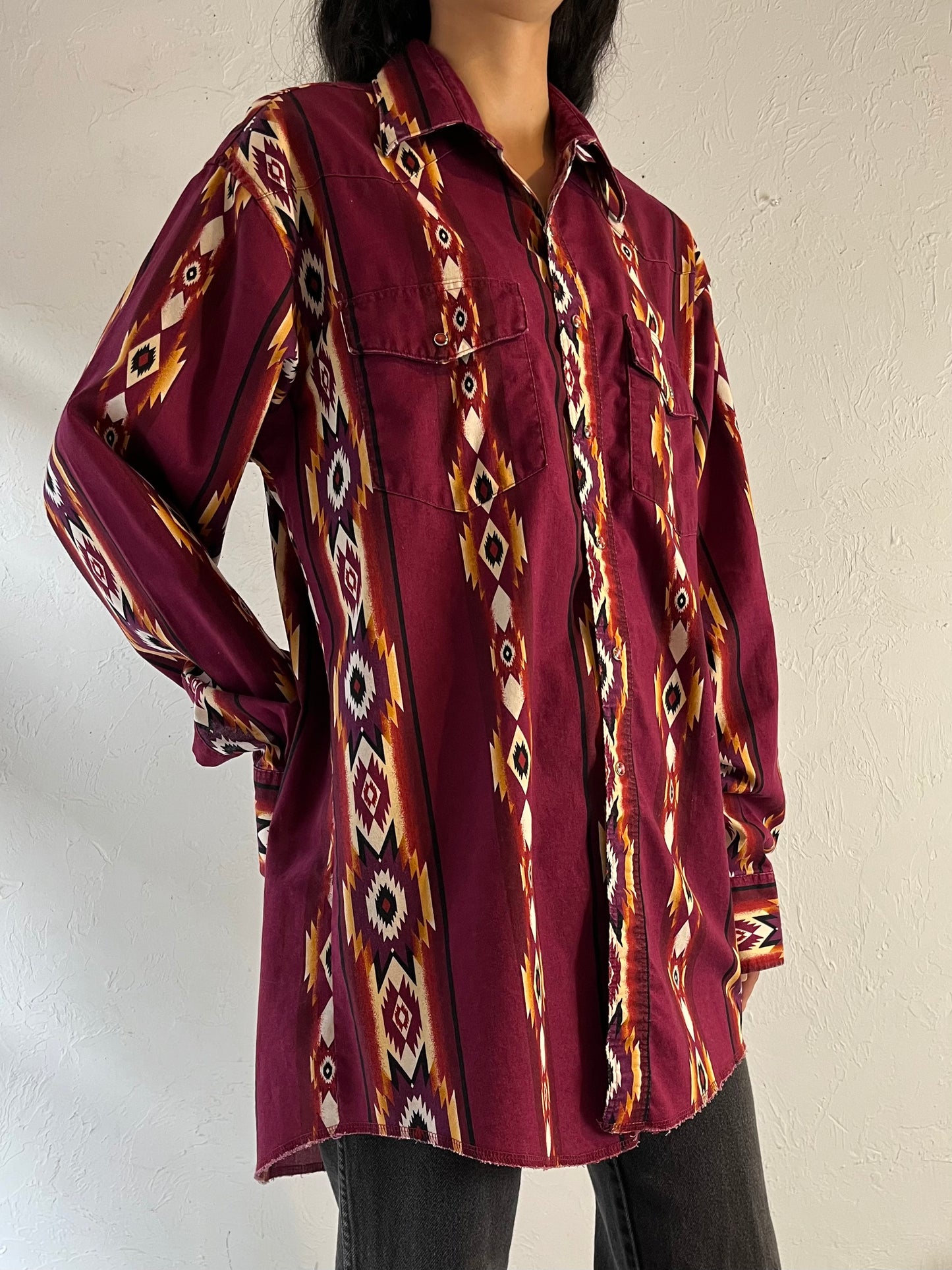 90s ‘Wrangler’ Burgundy Western Snap Up Shirt / XL