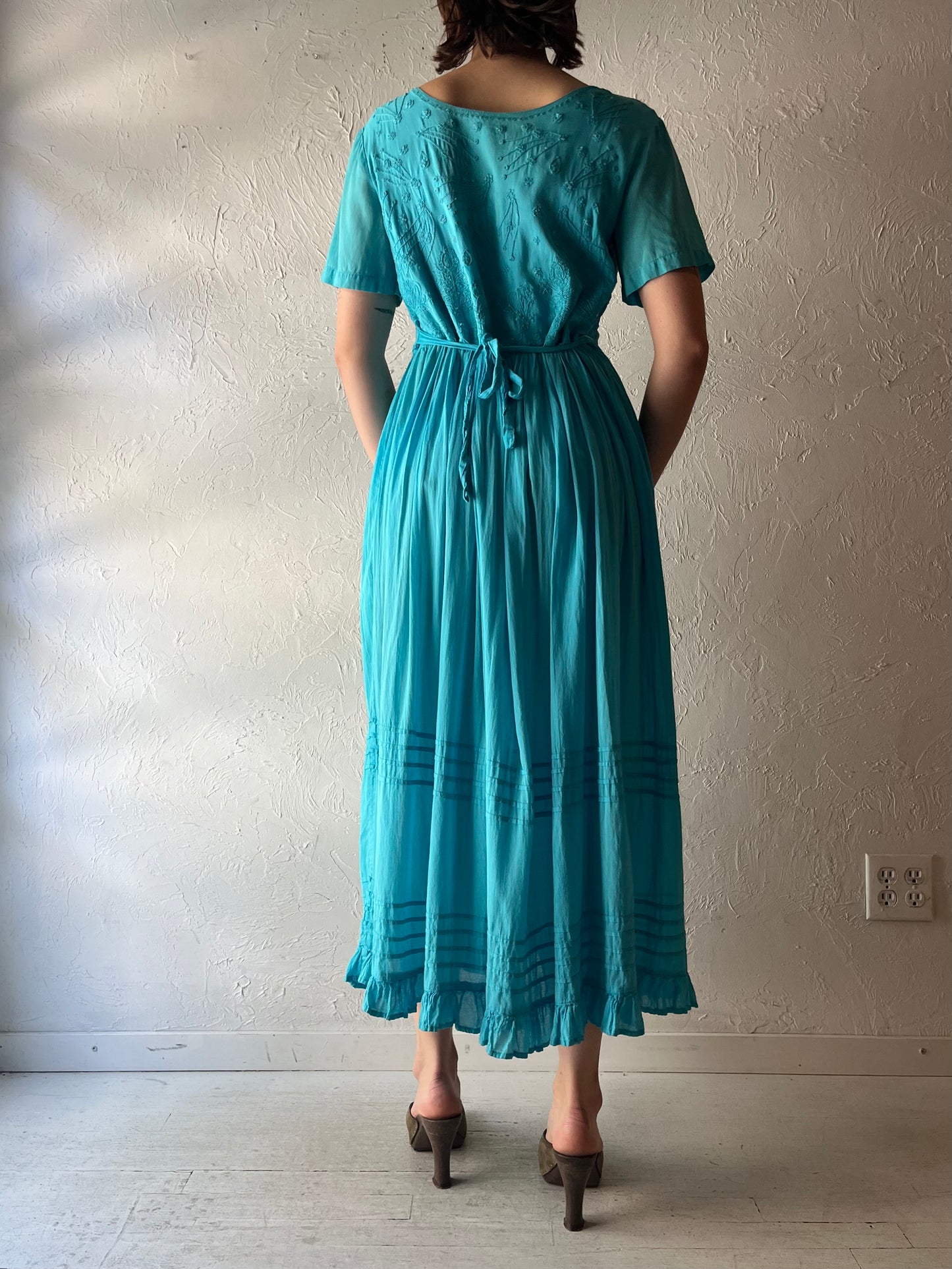 90s 'Victoria Holley' Blue Sundress / Embroidered Romantic Cottagecore Prairie Summer Dress / Small