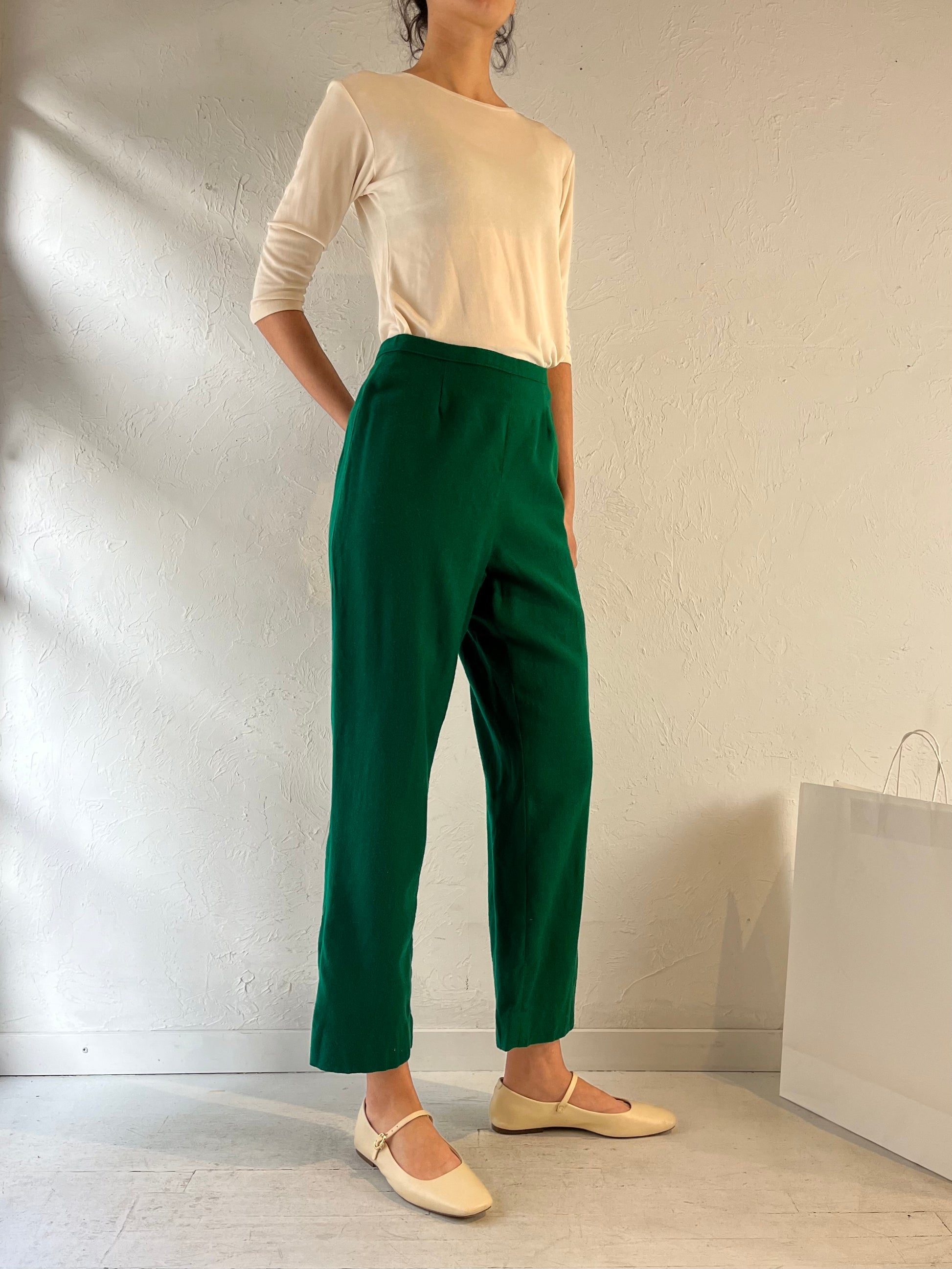 70s Green Wool High Waisted Trousers / Small