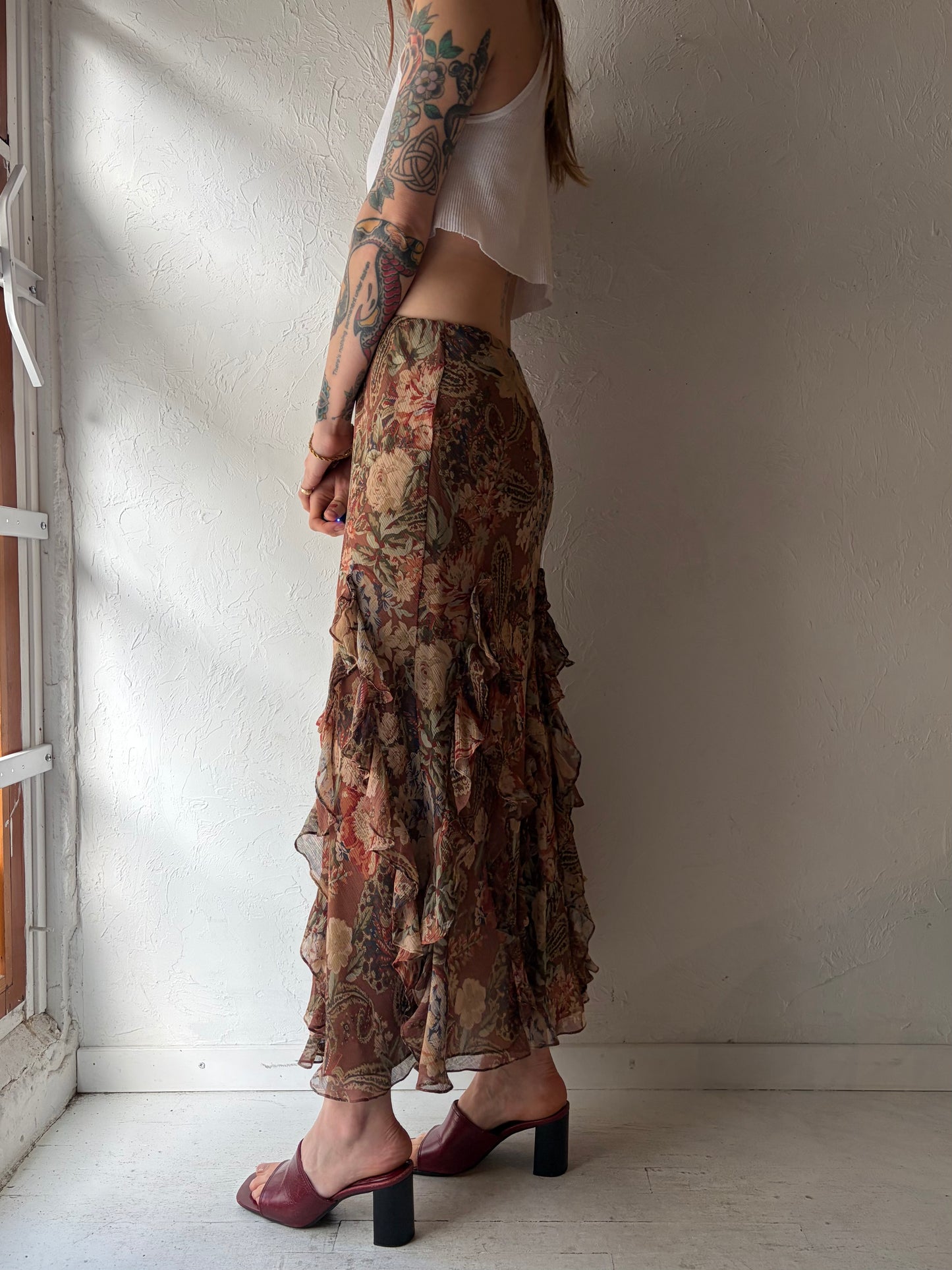 Vintage 'Ralph Lauren' Floral Silk Maxi Skirt / Small