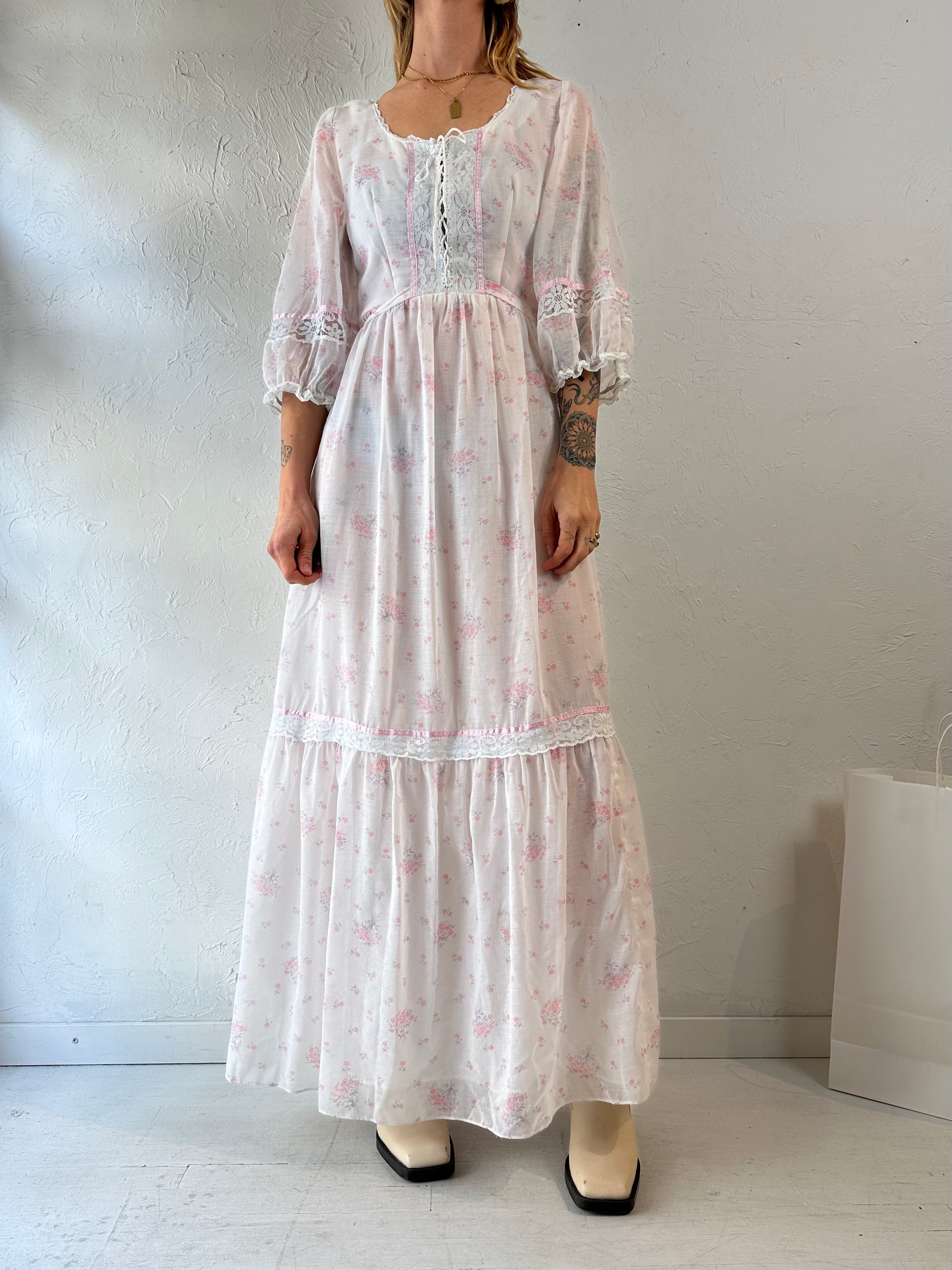 70s 'Pantel' White Floral Long Sleeve Prairie Dress / Medium Wildhoneygoods 70s 'Pantel' White Floral Long Sleeve Prairie Dress / Medium Wildhoneygoods