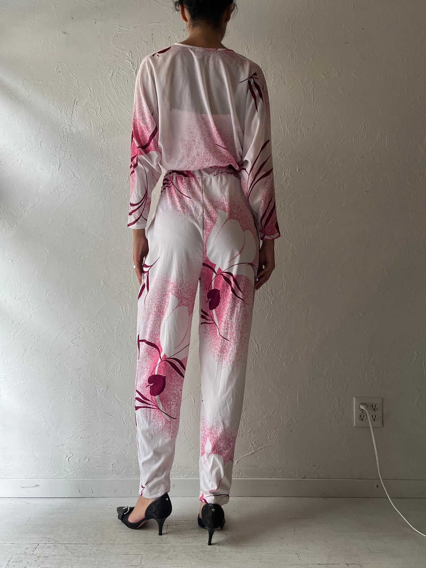 80s 'Niba Fashions' White Patterned Retro One Piece / Vintage 1980s Boho Summer Jump Suit / Small/