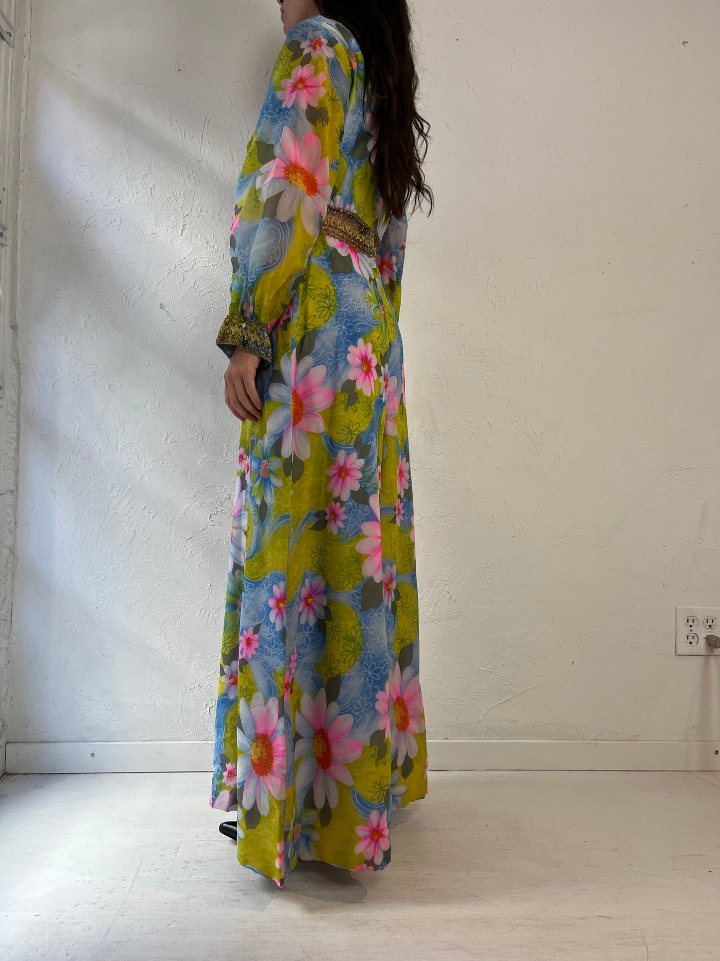 70s Floral Print Long Sleeve Hippie Dress / Small