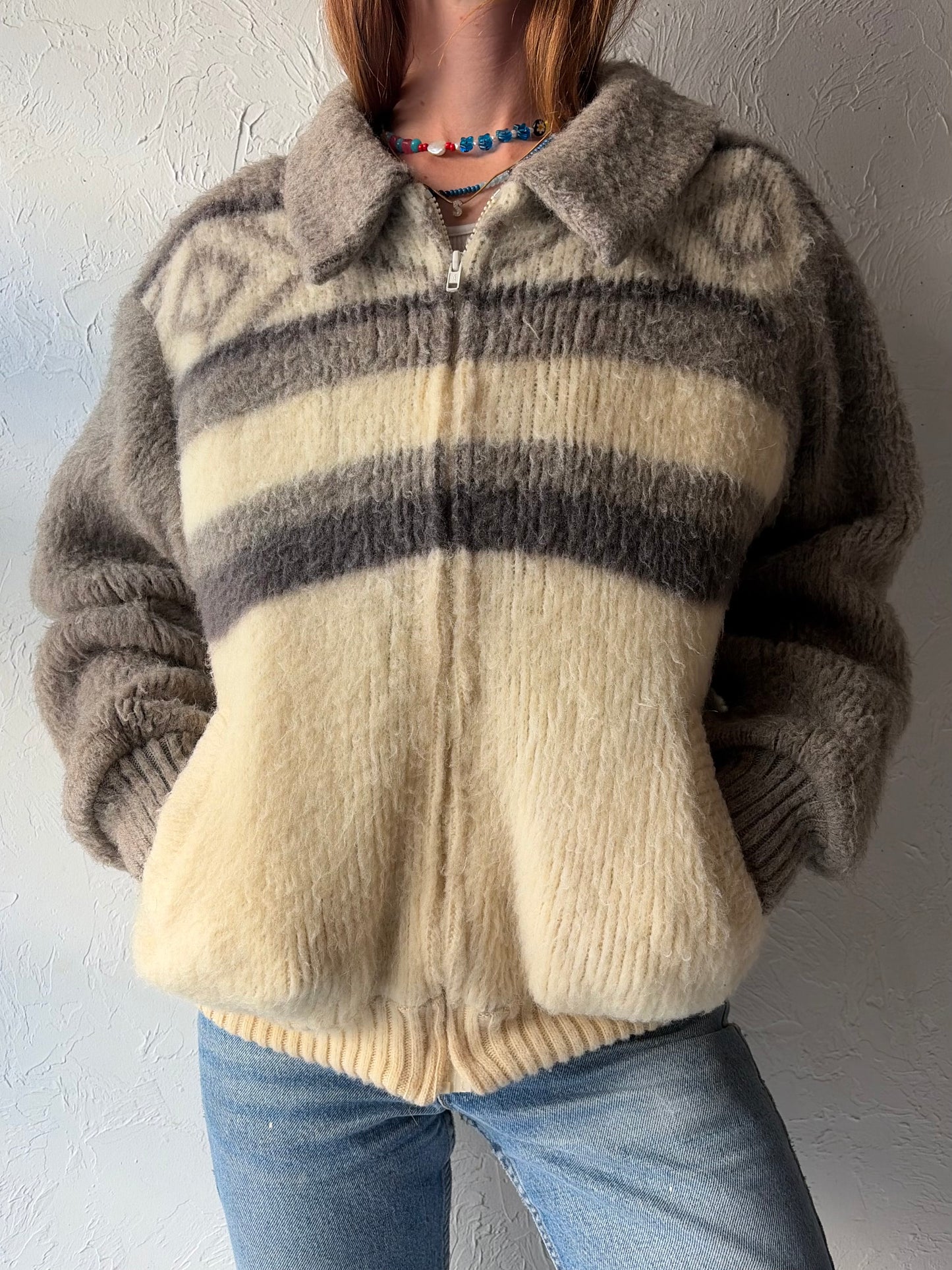 80s 'Nanook' Wool Knit Zip Up Shearling Lined Nordic Fair Isle Grandpa Core Sweater Jacket / Medium