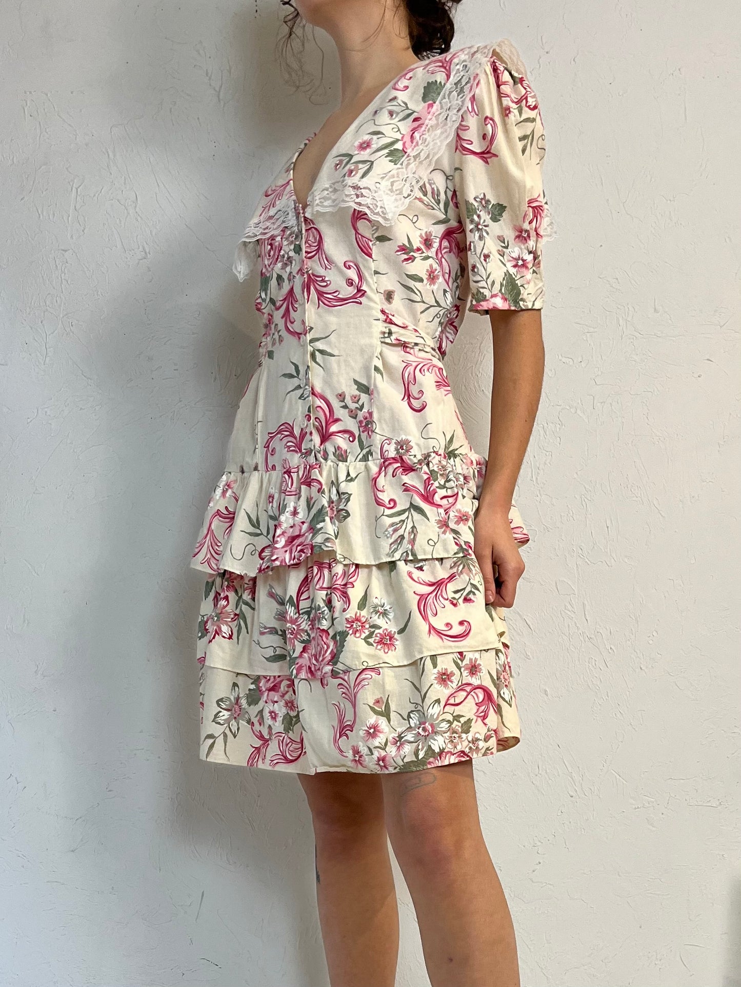 90s Floral Print Collared Cotton Mini Dress / Medium