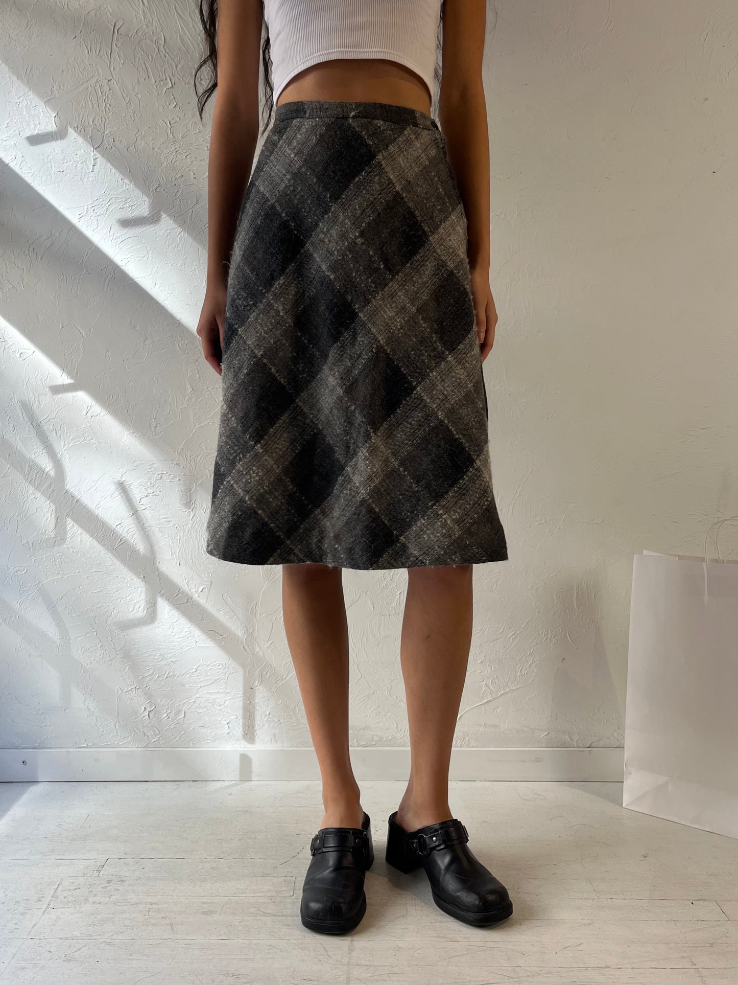 80s 'Casualaire' Grey Plaid Midi Skirt / Small