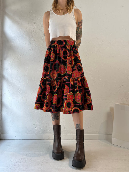 70s Handmade Retro Floral Midi Skirt / Small