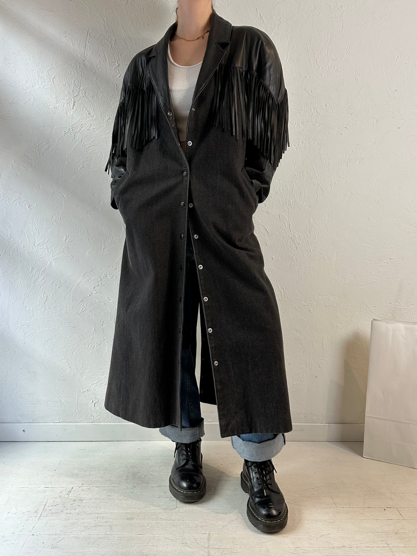 80s 'Diamond' Denim Leather Fringe Coat / Medium