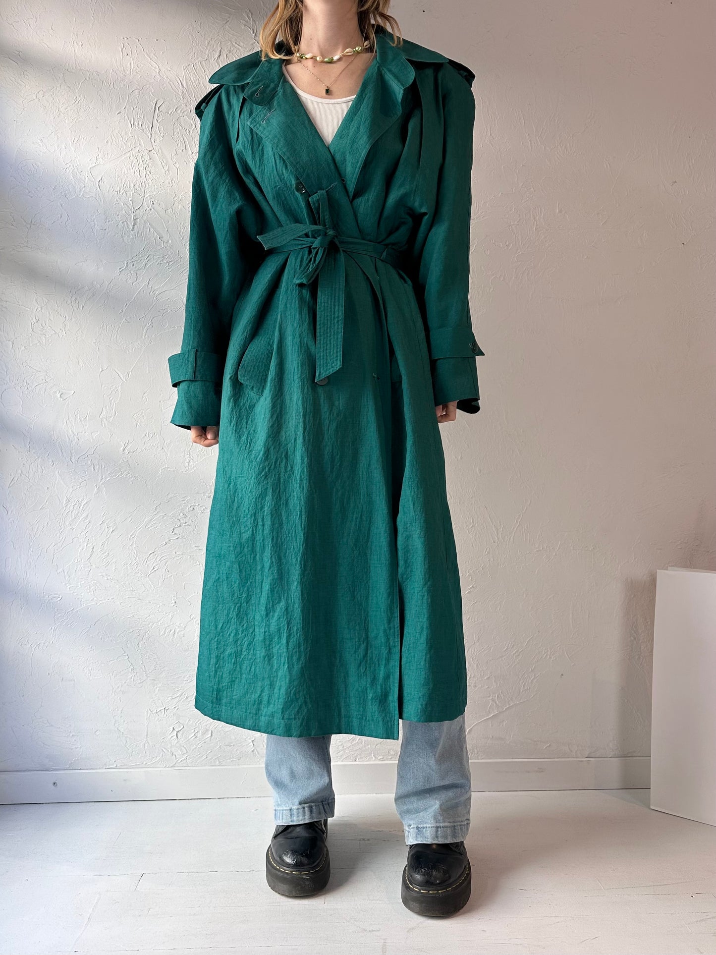 90s 'British Mist' Green Lined Trench Coat / Medium - Large