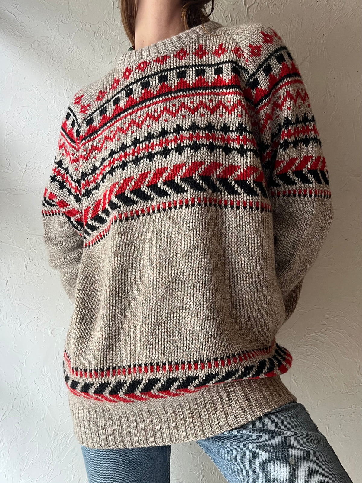 90s 'Rendale Relax' Oversized Nordic Knit Sweater Beige Red Black Geometric Crew Neck Pullover / Large