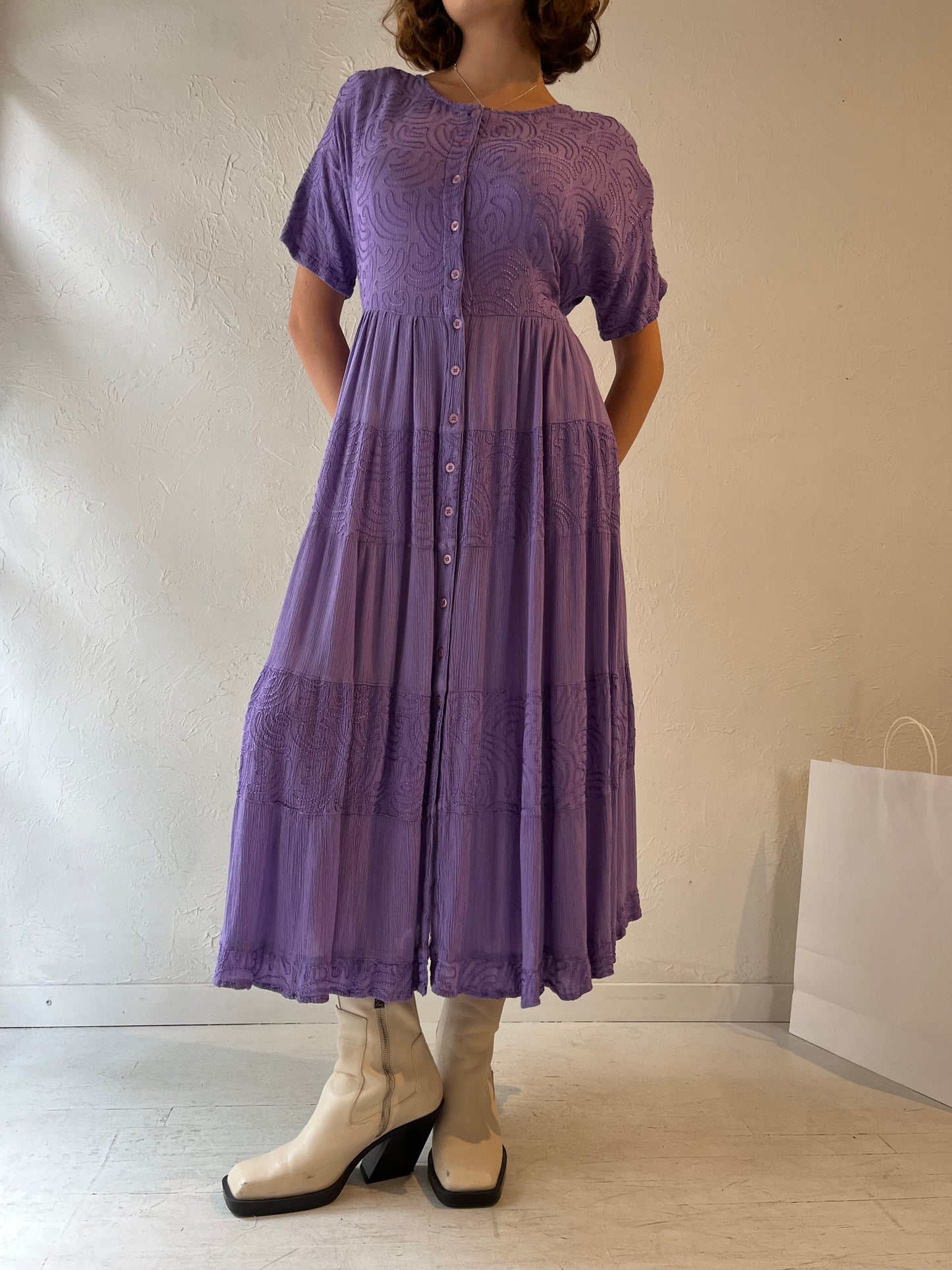 90s 'Variations' Purple Embroidered Dress / Large