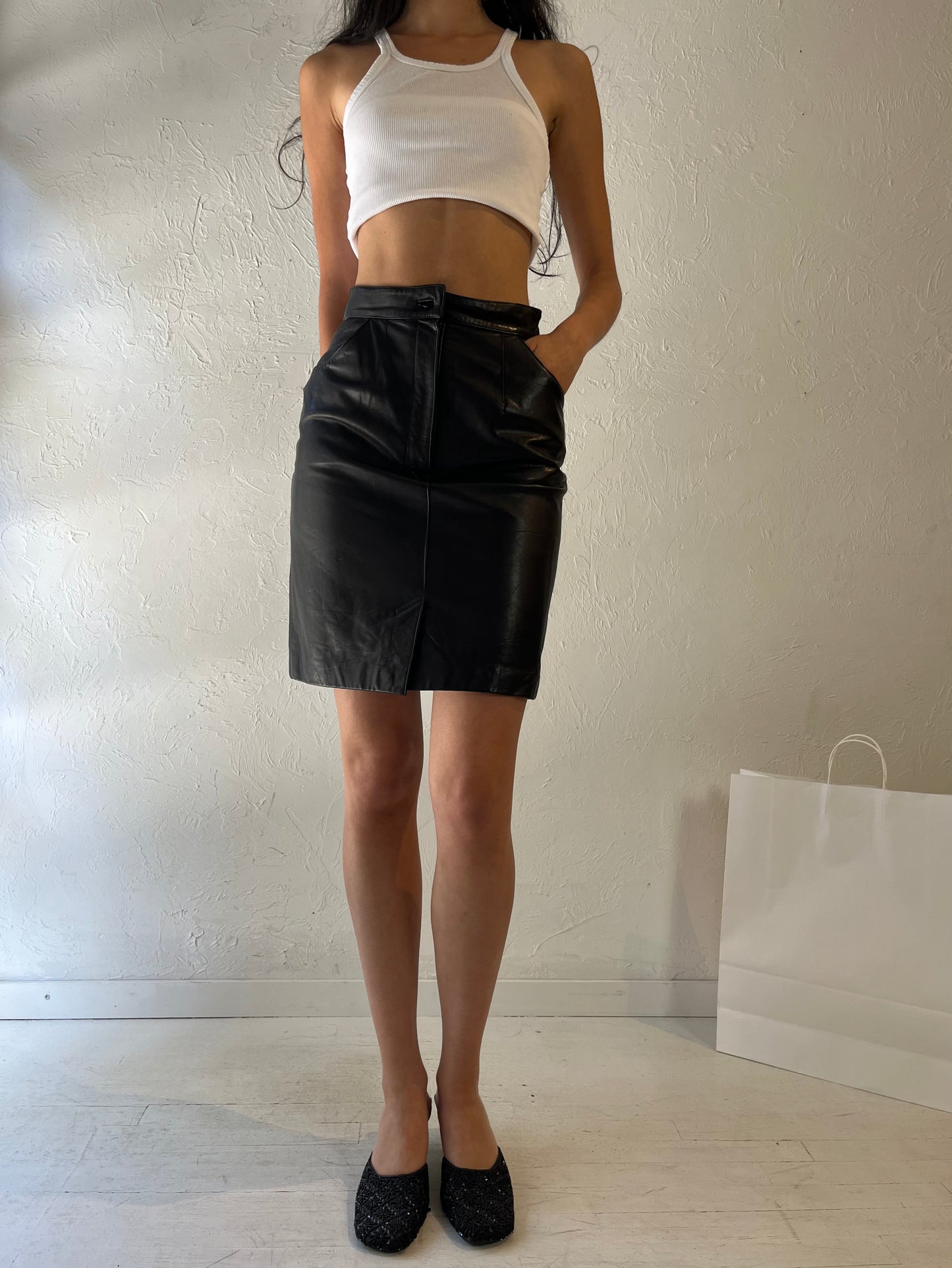 Vintage Black Leather Mini Skirt / Small