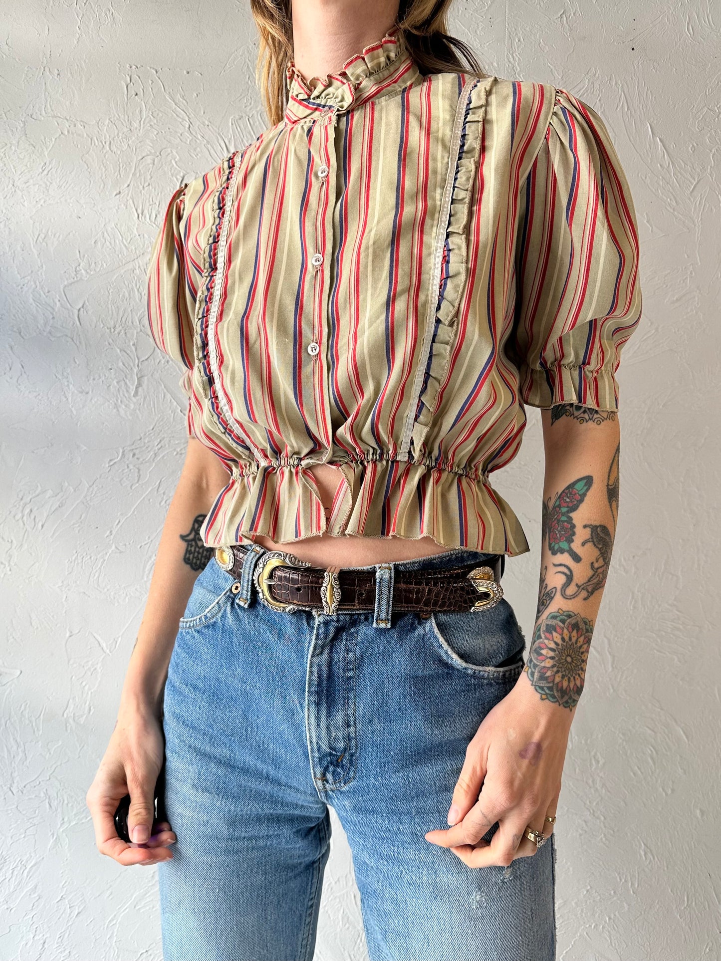 70s 'Freedom' Striped Puff Sleeve Blouse / XS