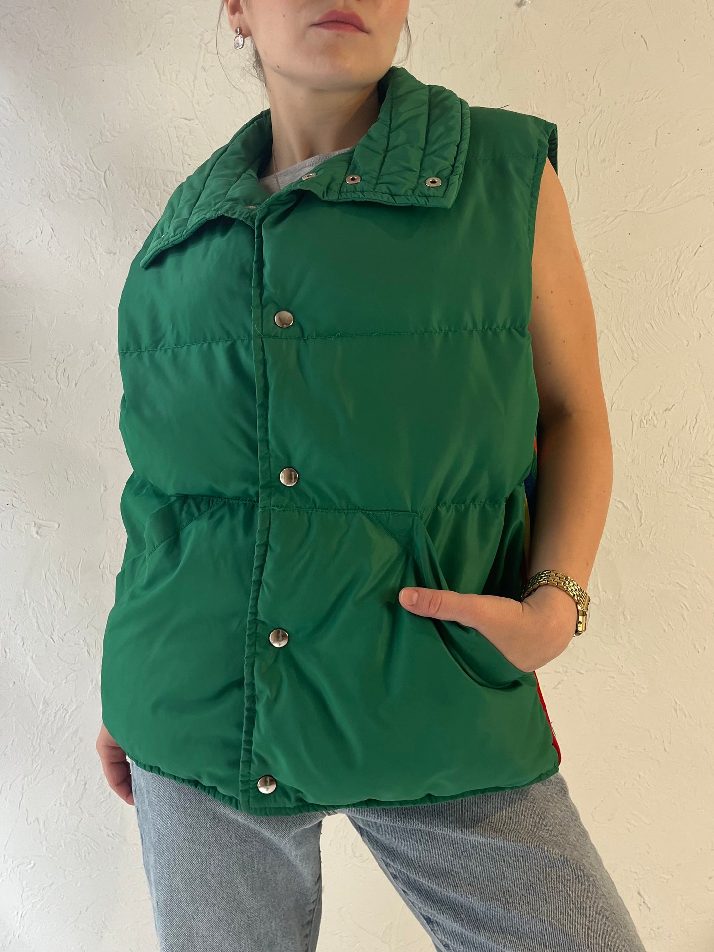 80s 'Topher' Green Quilted Nylon Down Puffer Vest / Large