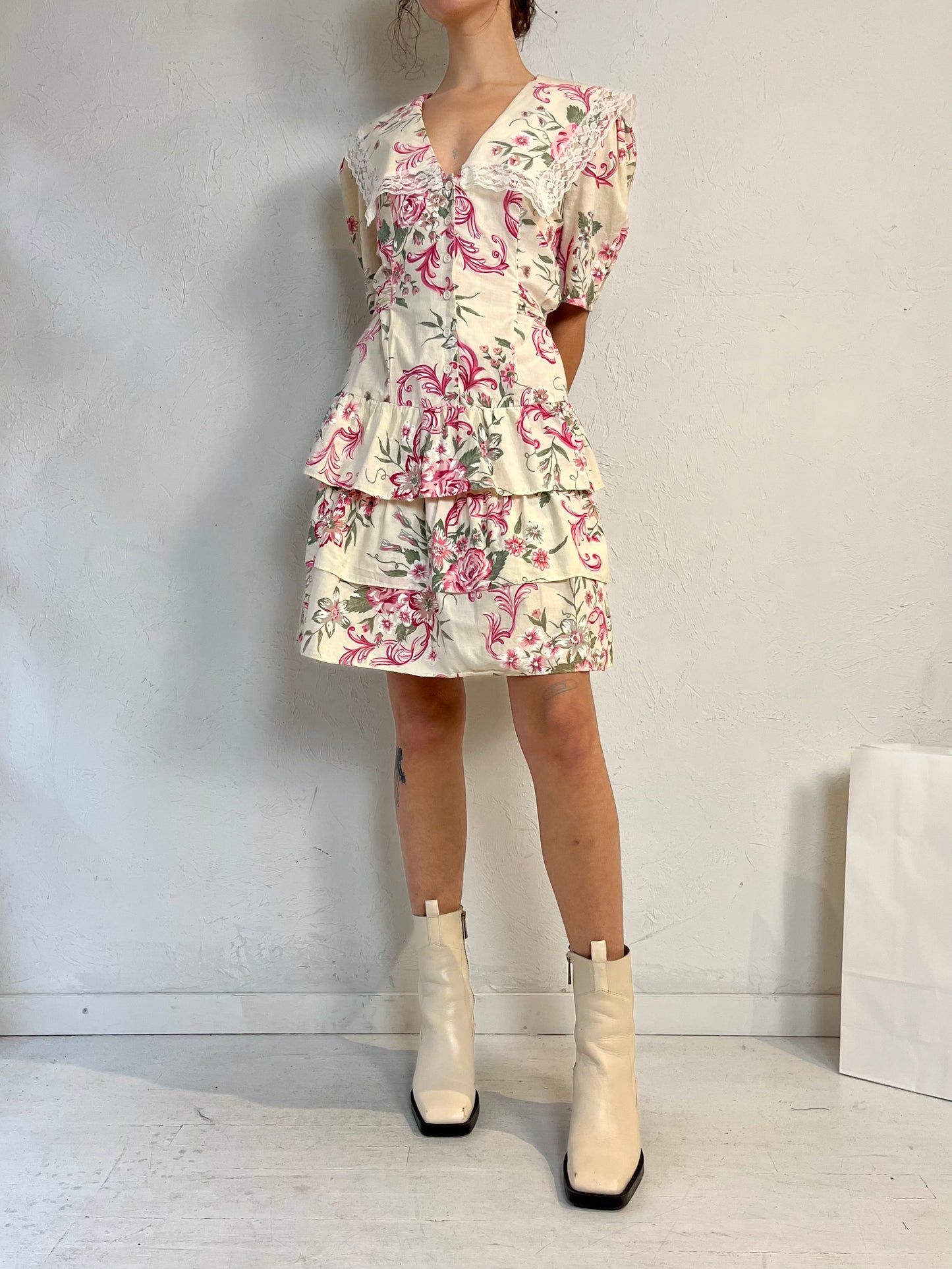 90s Floral Print Collared Cotton Mini Dress / Medium