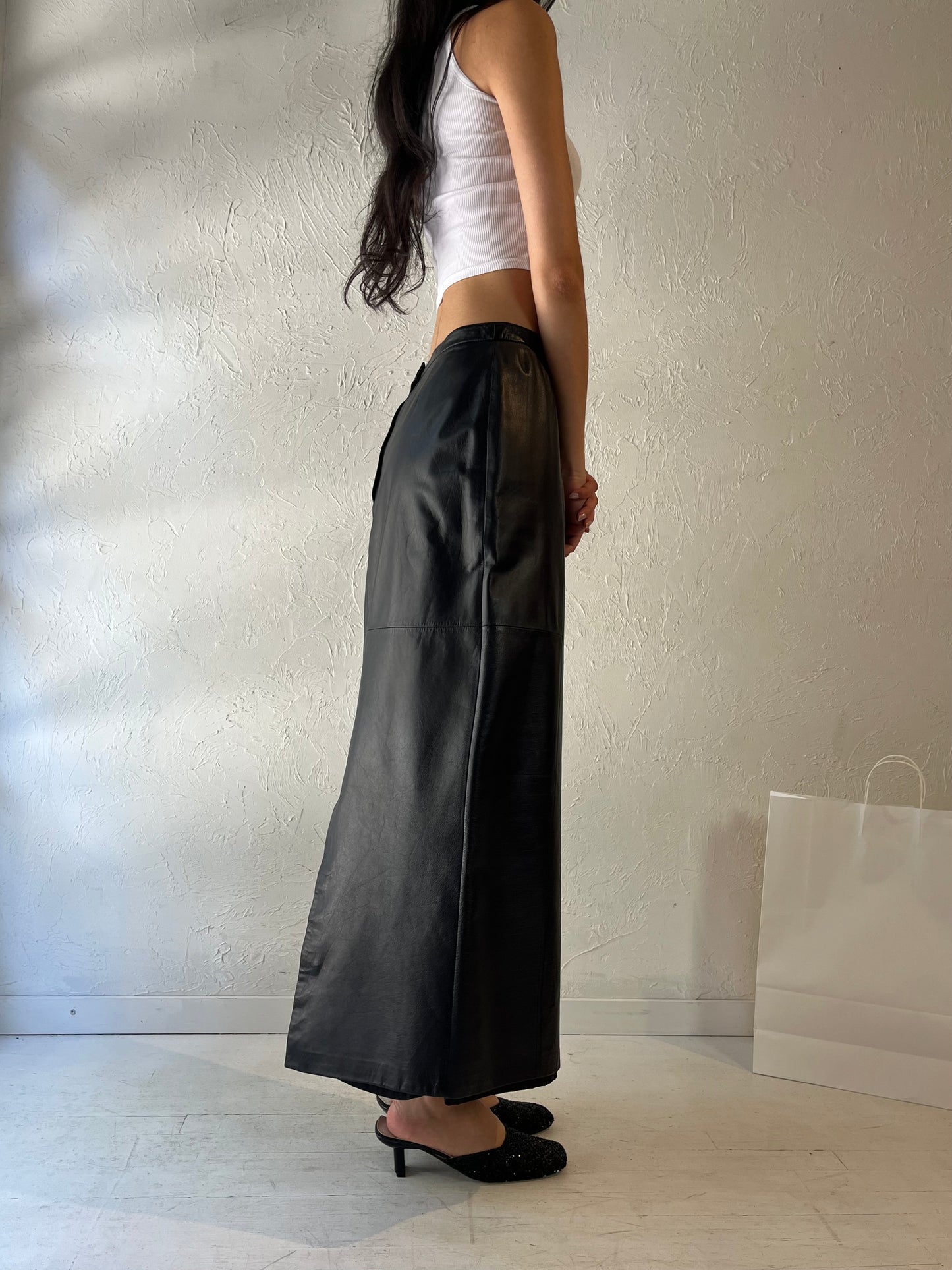 90s 'Danier' Long Black Leather Pencil Skirt / Small - Medium