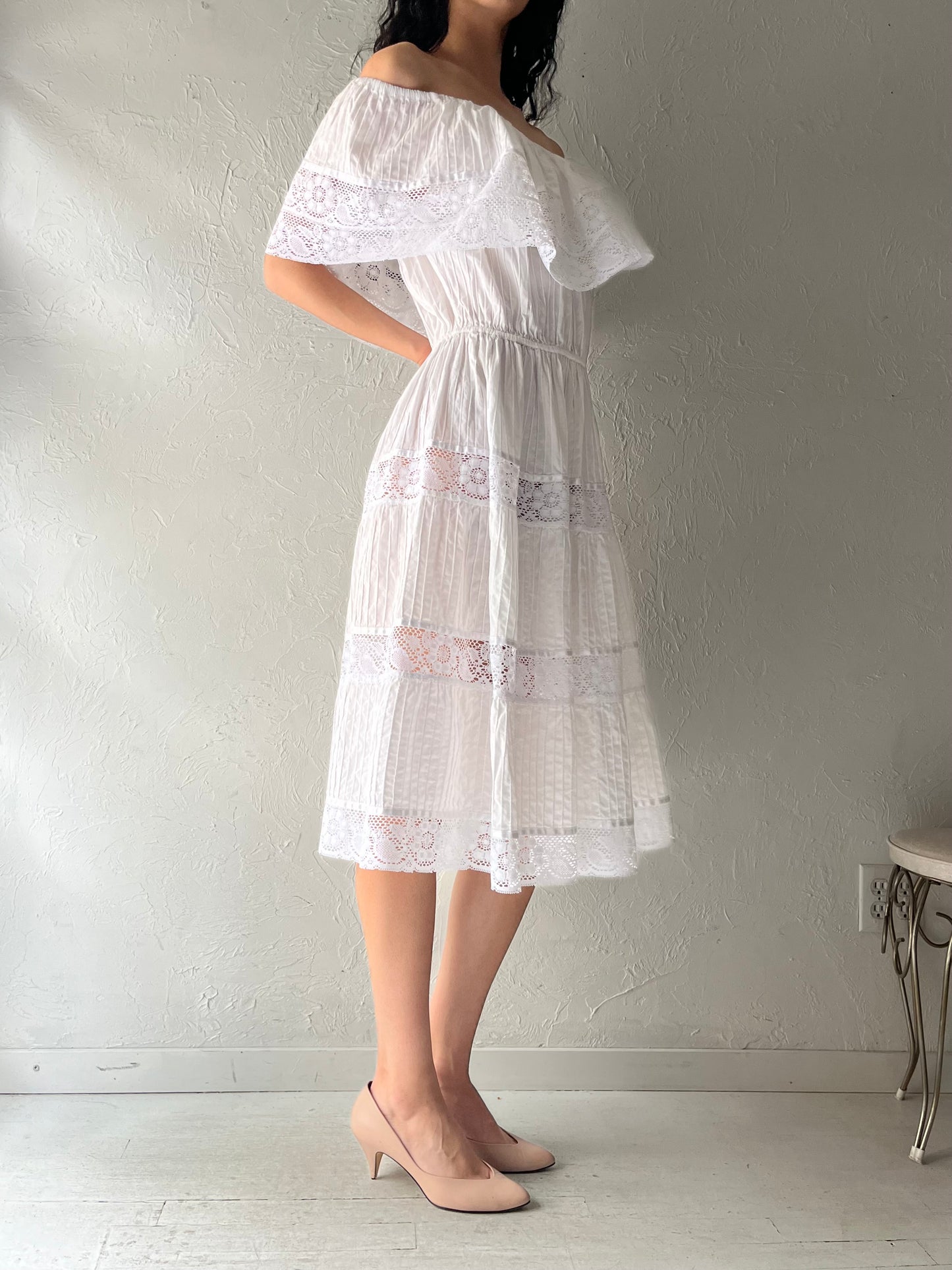 Vintage White Cotton Off the Shoulder Hippie Midi Dress / Small