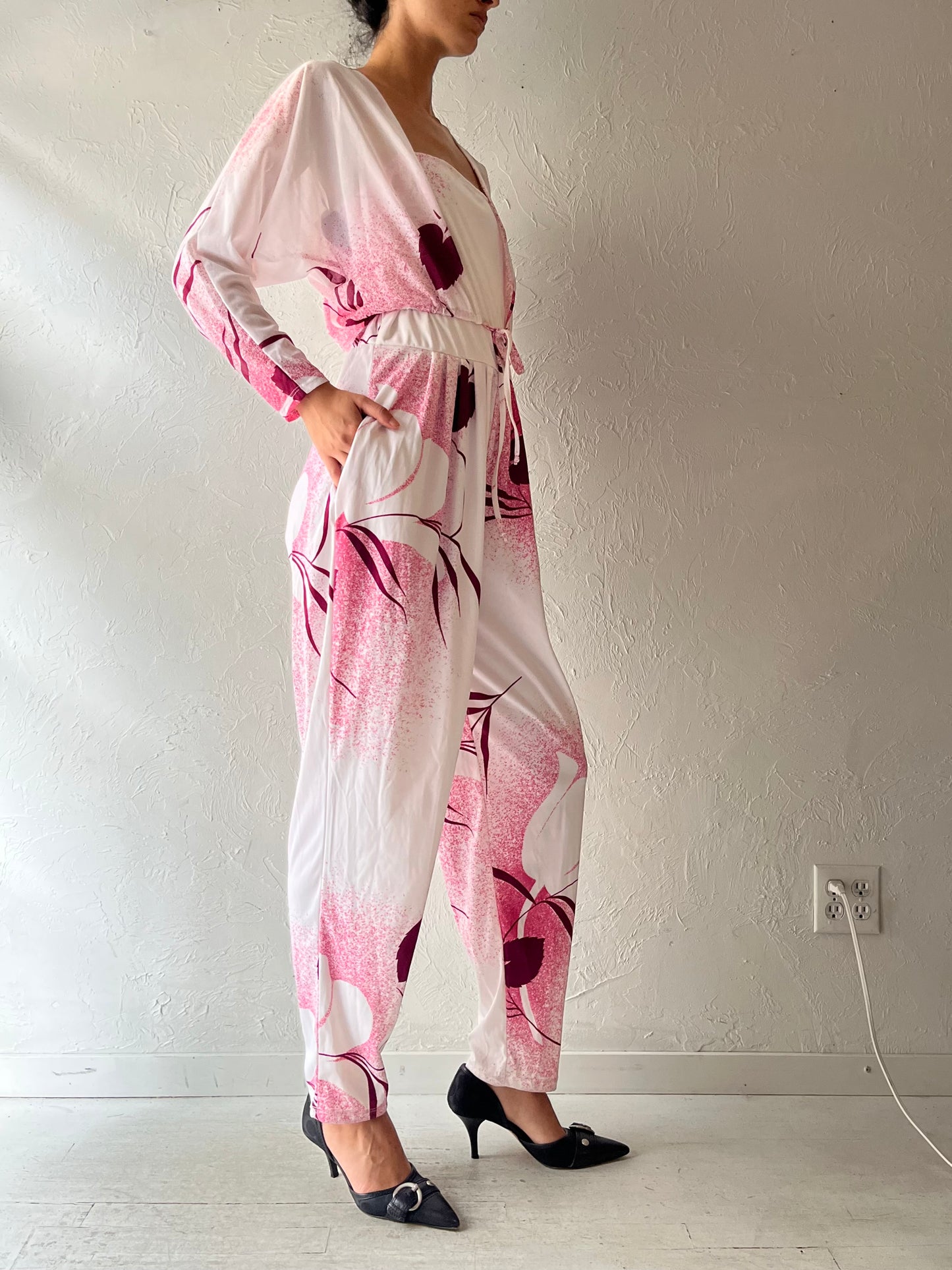 80s 'Niba Fashions' White Patterned Retro One Piece / Vintage 1980s Boho Summer Jump Suit / Small/