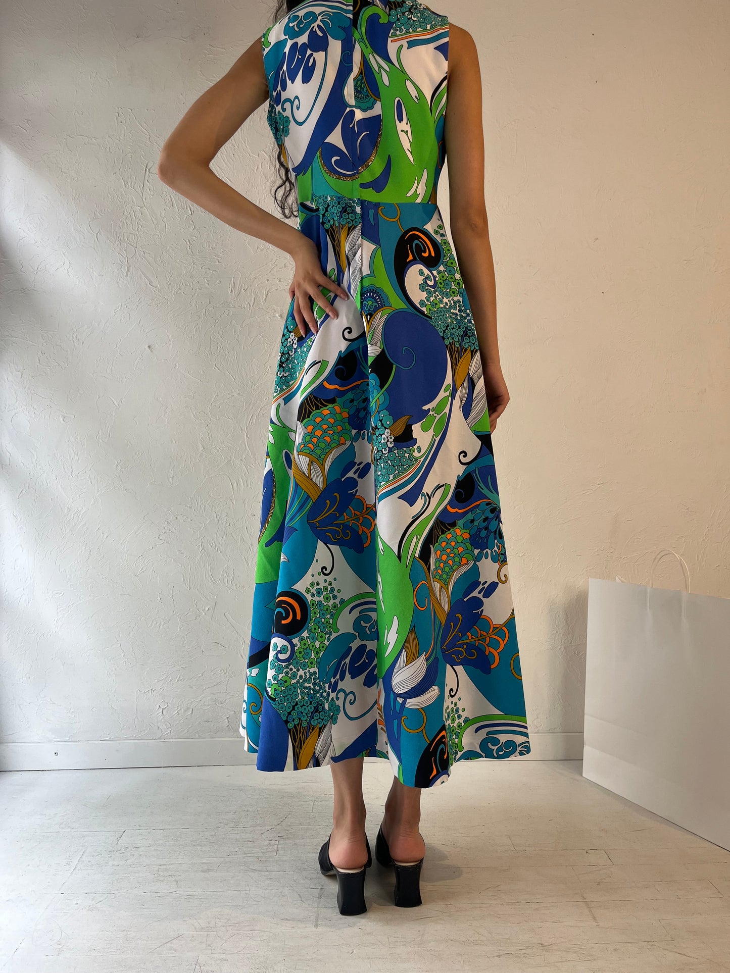 70s 'Miss Joey' Blue Retro Patterned Maxi Dress / Medium