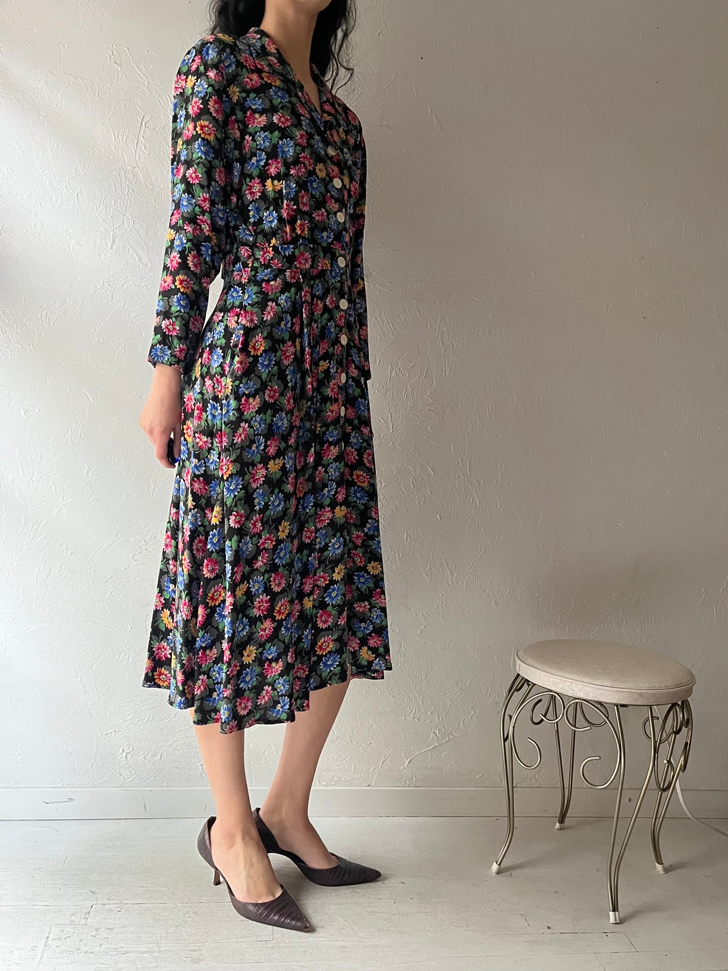 90s 'Liz Claiborne' Long Sleeve Floral Dress / Medium