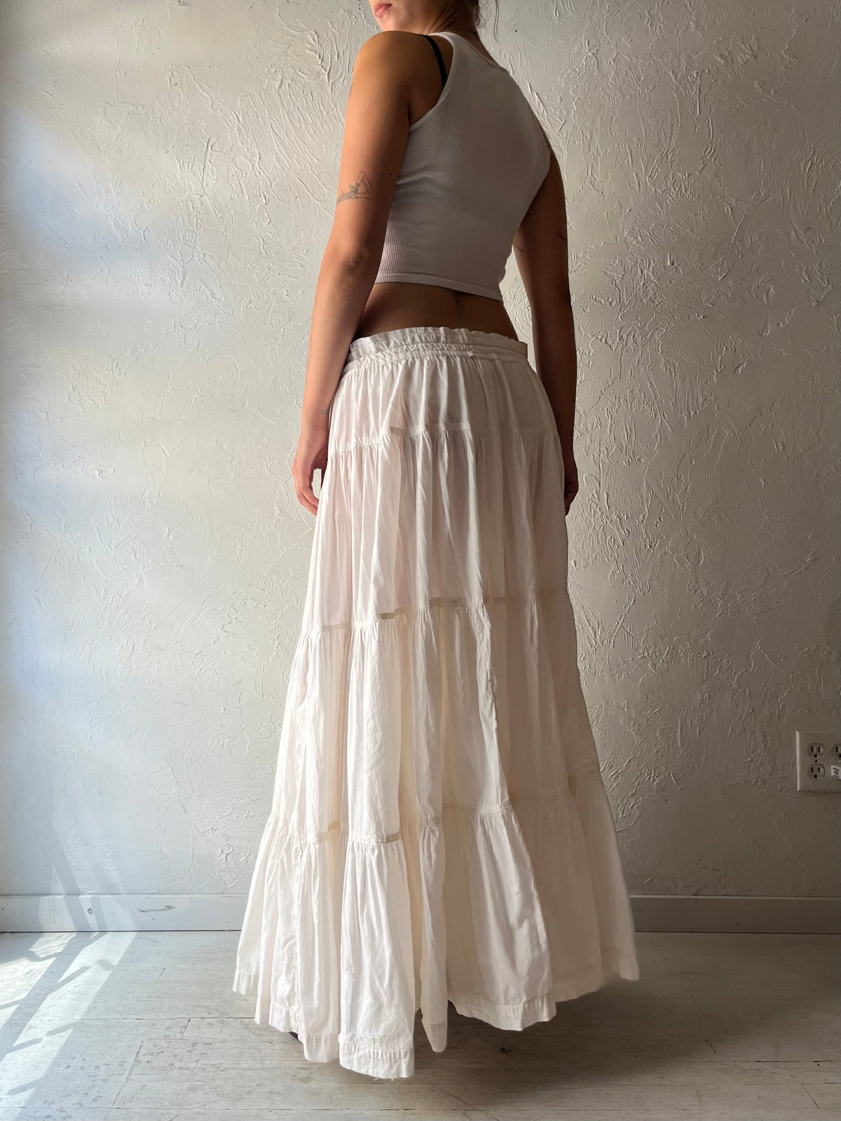 90s 'HL Bis' White Cotton Prairie Teared Cottagecore Maxi Skirt / Medium - Large