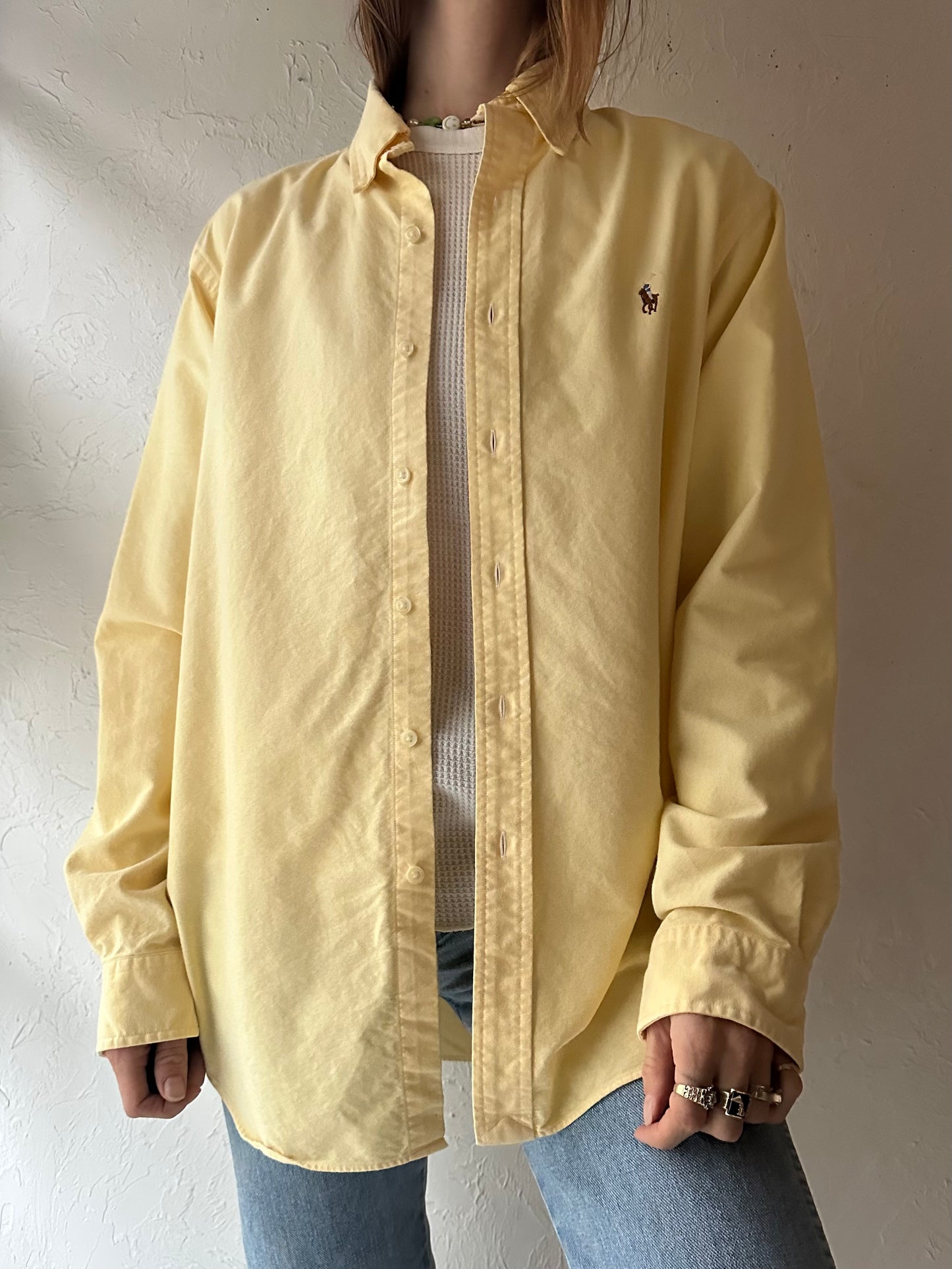 Y2k 'Ralph Lauren' Yellow Cotton Dress Shirt / Large