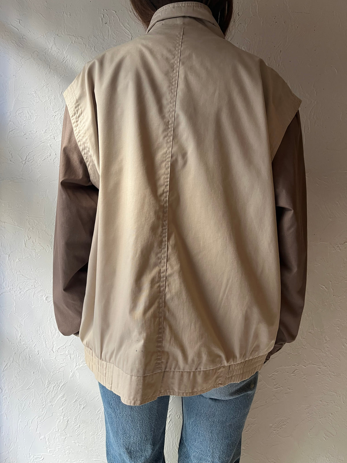 90s 'Oscar de la Renta' Beige Brown Color Block Minimalist Lightweight Windbreaker Jacket / Large