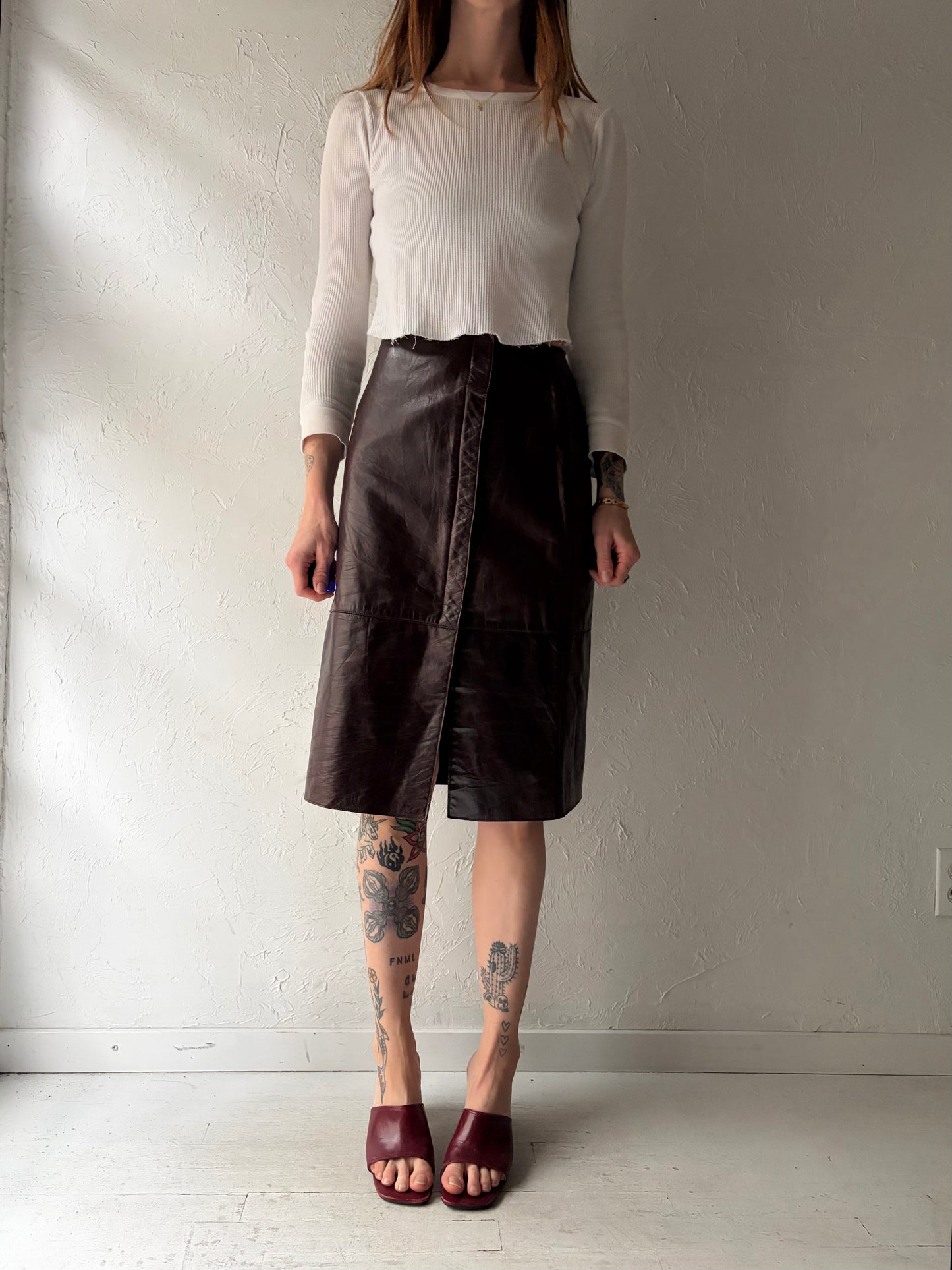 90s 'Anne Klein' Burgundy Leather High Waisted Midi Skirt / Small