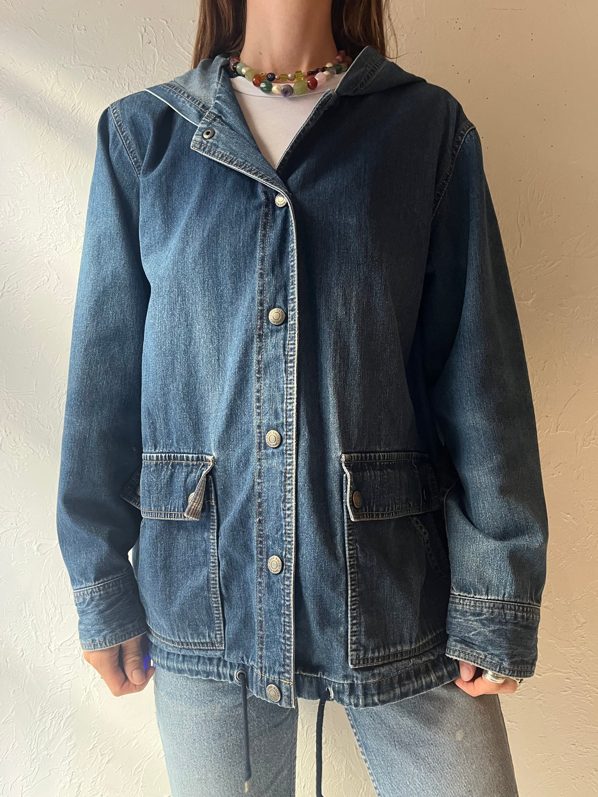 Y2k ‘Eddie Bauer’ Blue Denim Plaid Lined Chore Workwear Utility Jean Jacket / Medium