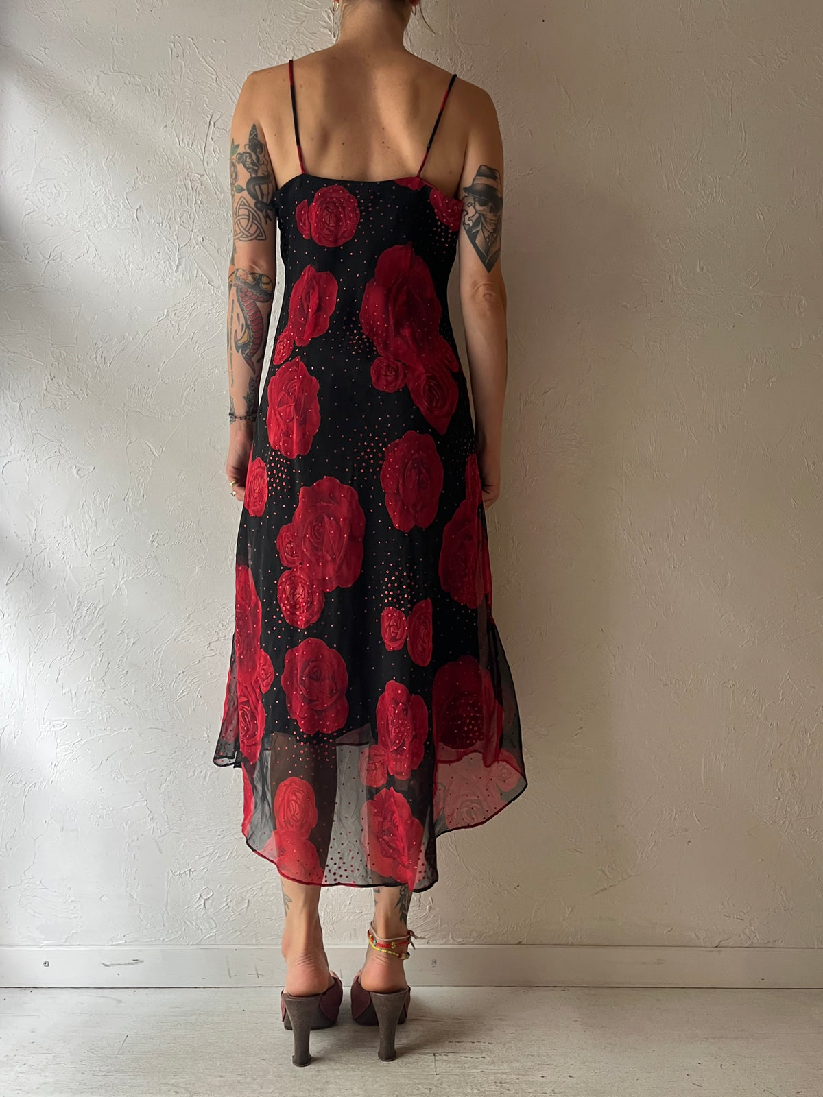 80s 'Fairweather' Black Red Rose Floral Romantic Goth Party Maxi Dress / Medium