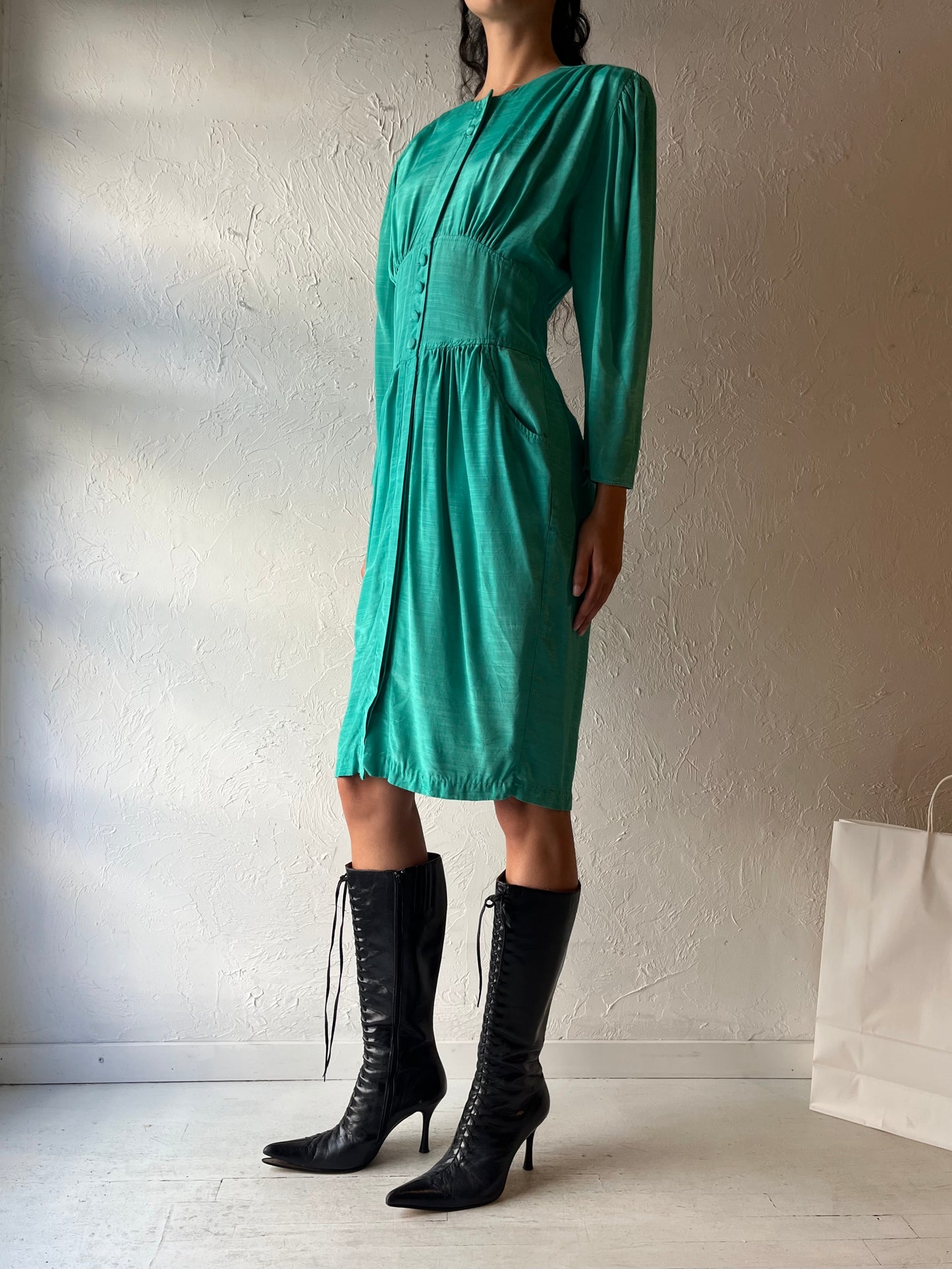 Vintage Green Long Sleeve Mod Rayon Dress / Medium