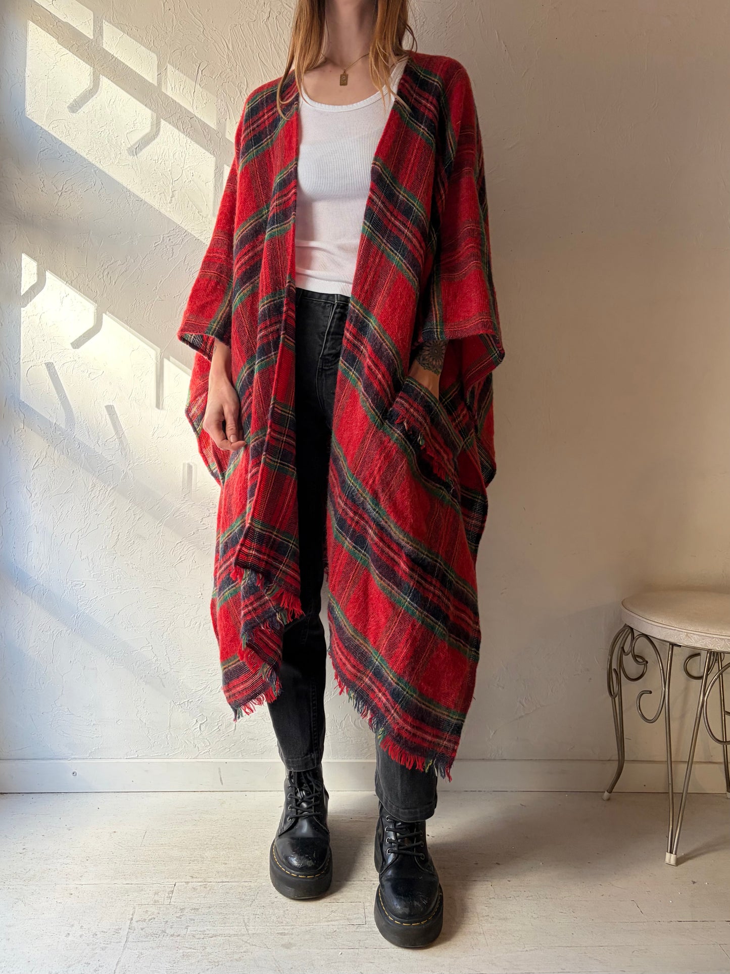 90s 'Proportion Petite' Plaid Mohair Blend Poncho / One Size