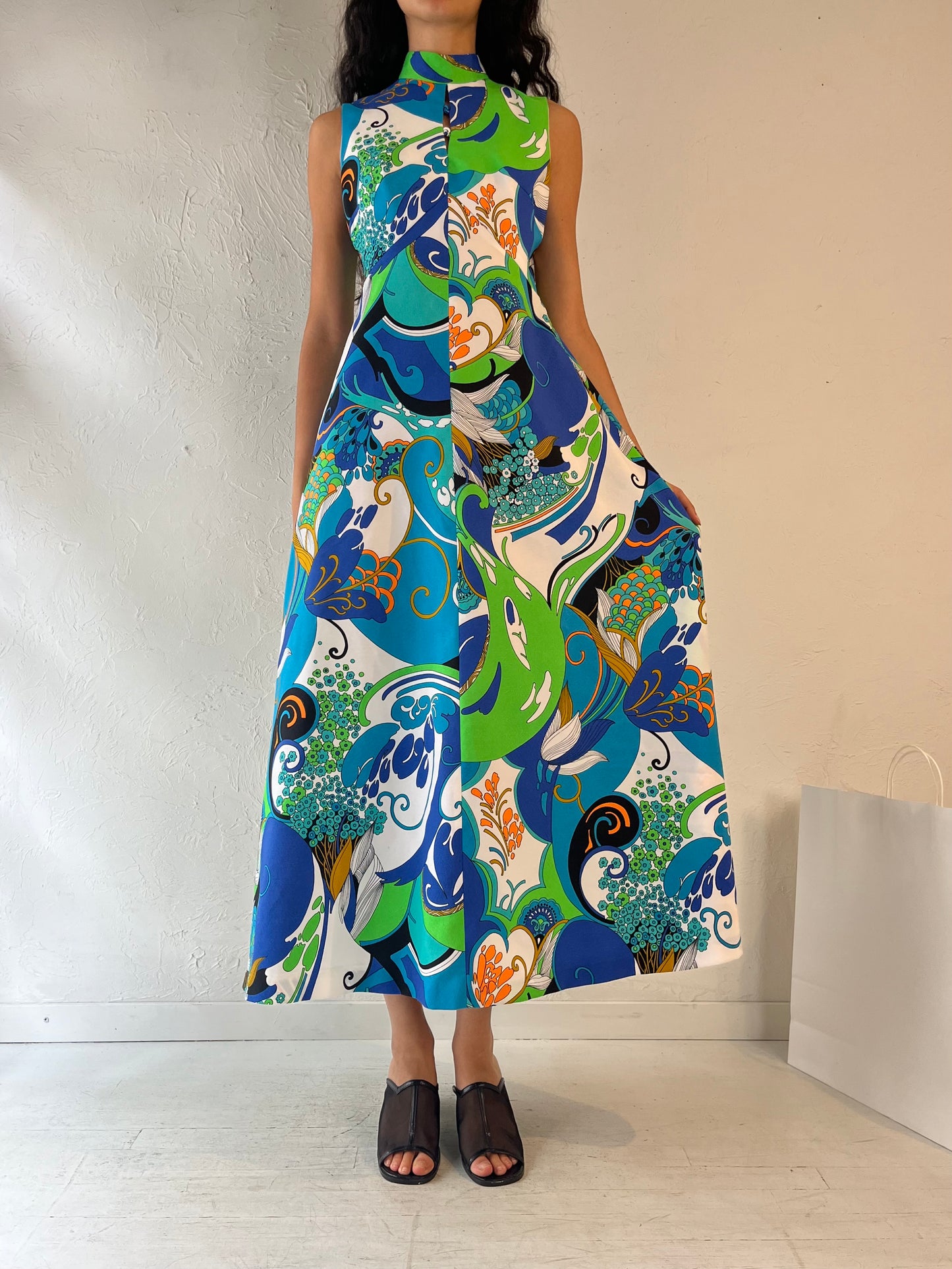 70s 'Miss Joey' Blue Retro Patterned Maxi Dress / Medium