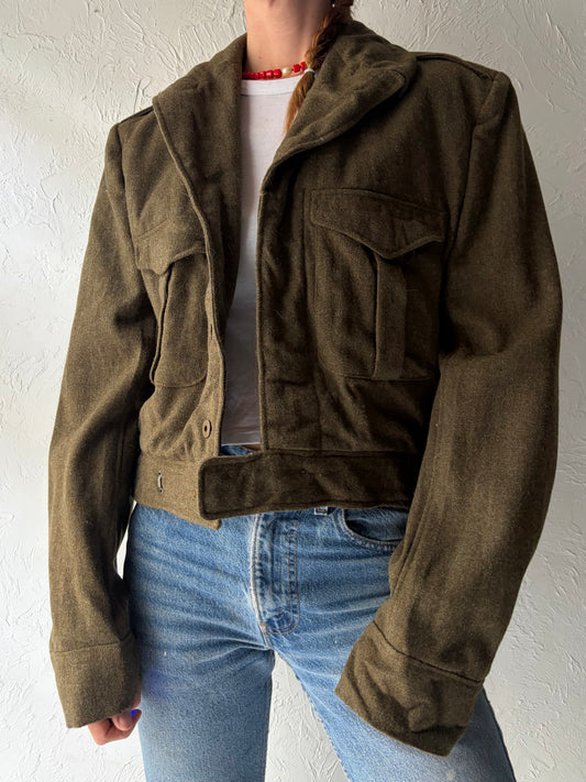 50s Authentic Army Cropped Green Wool Jacket / Vintage 1950 Military Retro Utility Wool Jacket / Medium