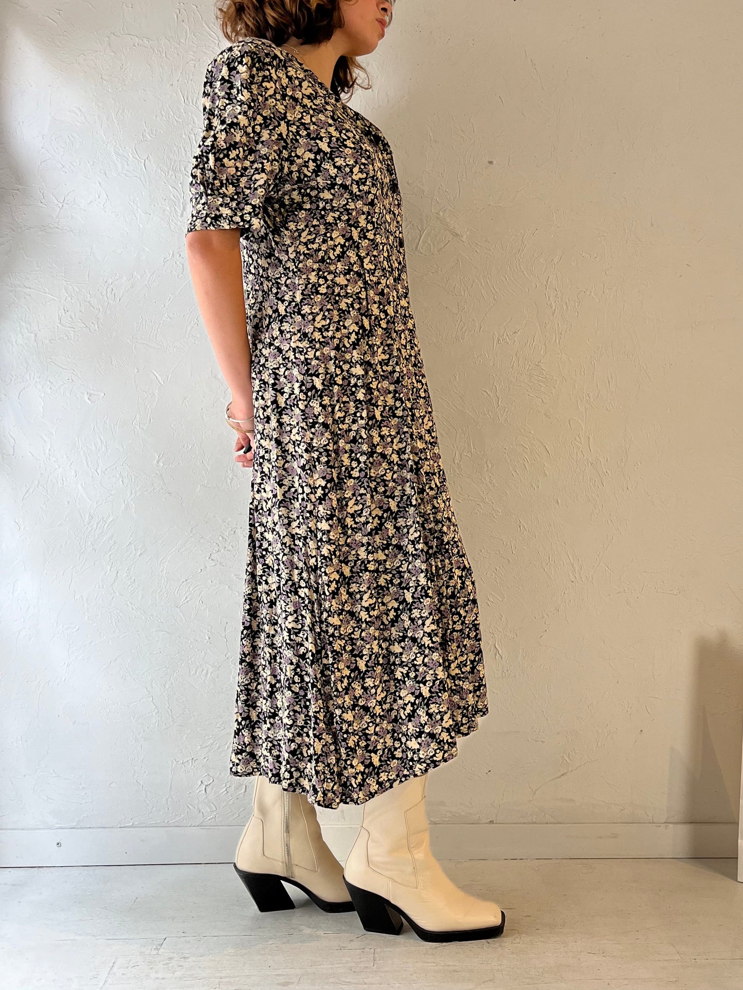 90s 'Scarlet' Floral Print Rayon Maxi Dress / Large