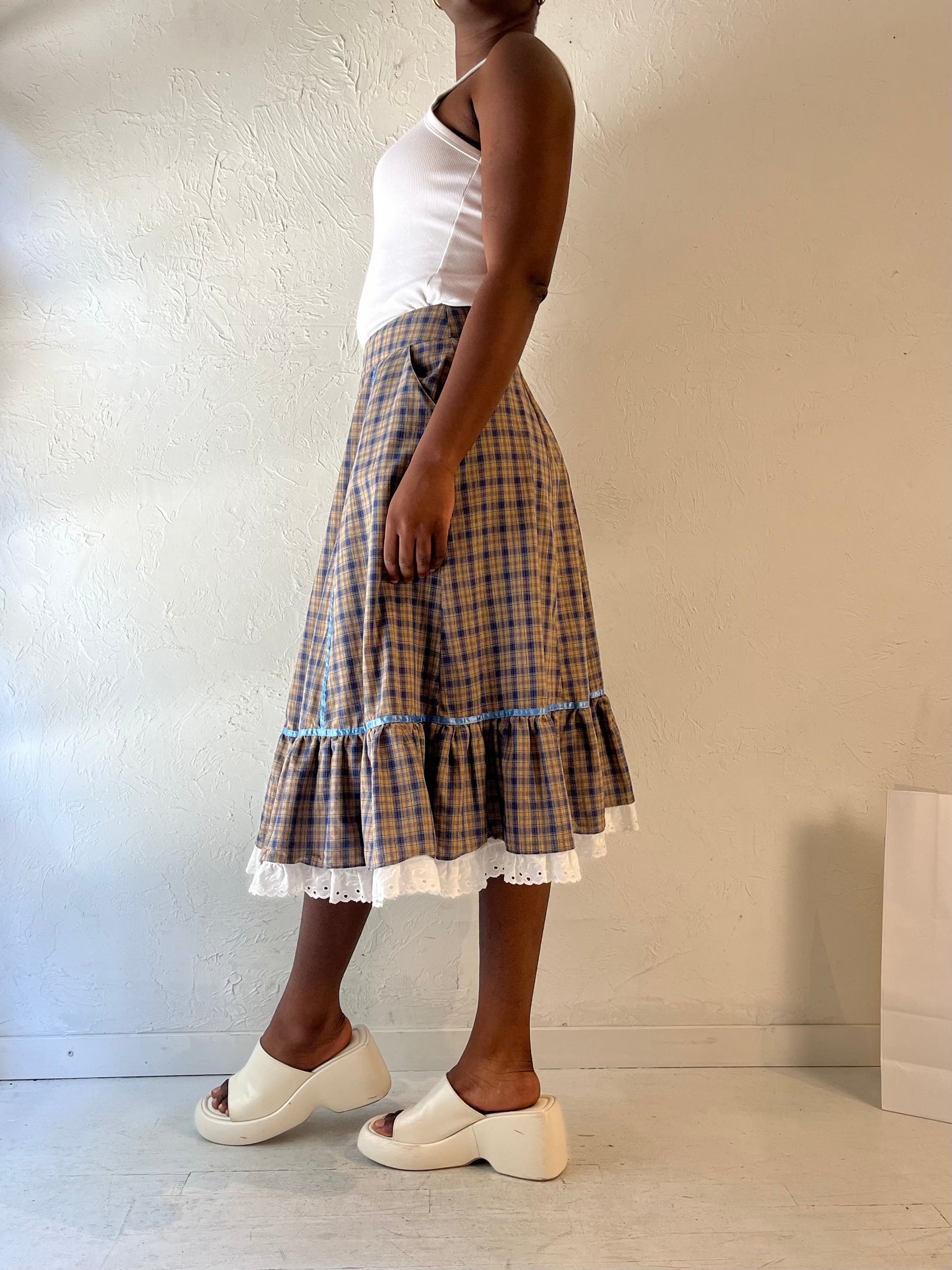 90s 'Stage West' Plaid Western Midi Skirt / Medium