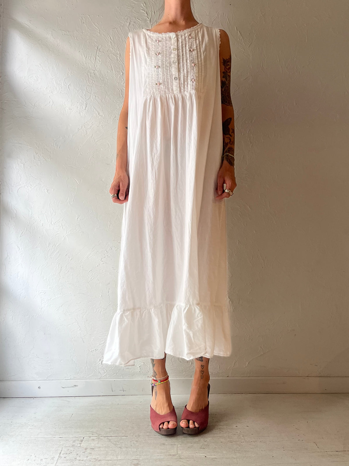 90s 'La Lingerie' White Cotton Nightgown Cottagecore Prairie Romantic Maxi Nighty Dress / Large