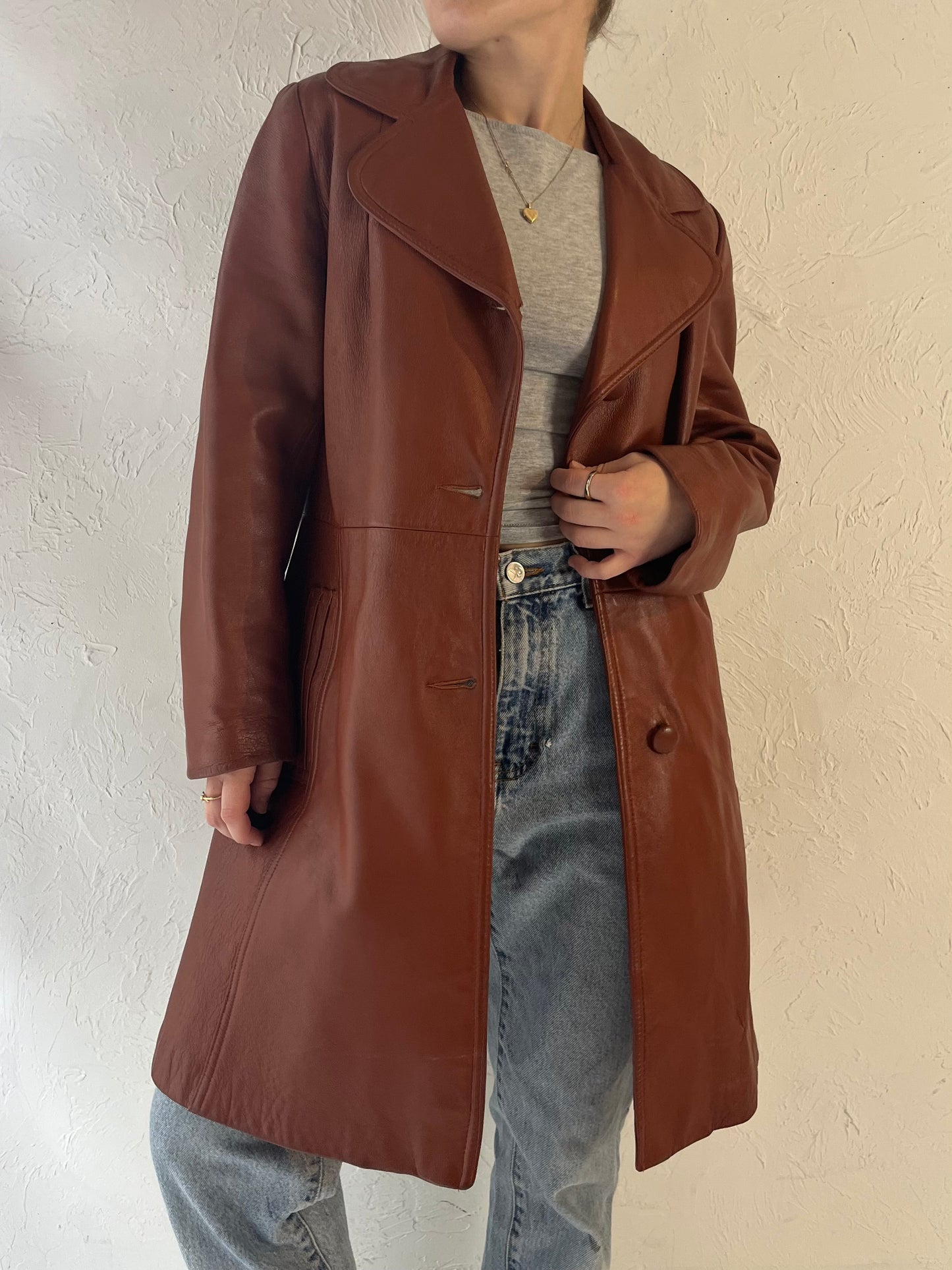 90s 'Trojan' Burgundy Leather Half Trench Jacket / Medium