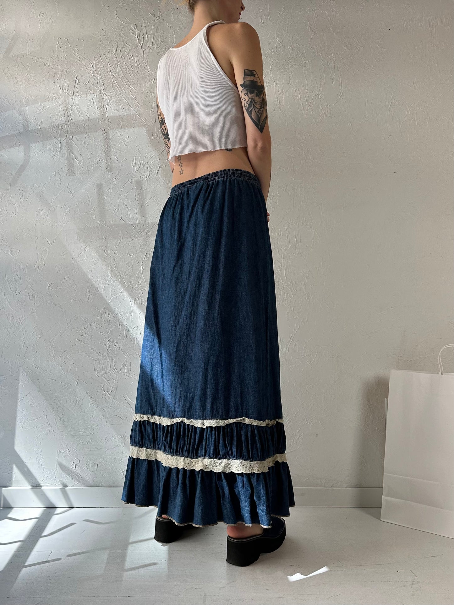 Y2k 'French Uff' Denim Maxi Skirt / Medium