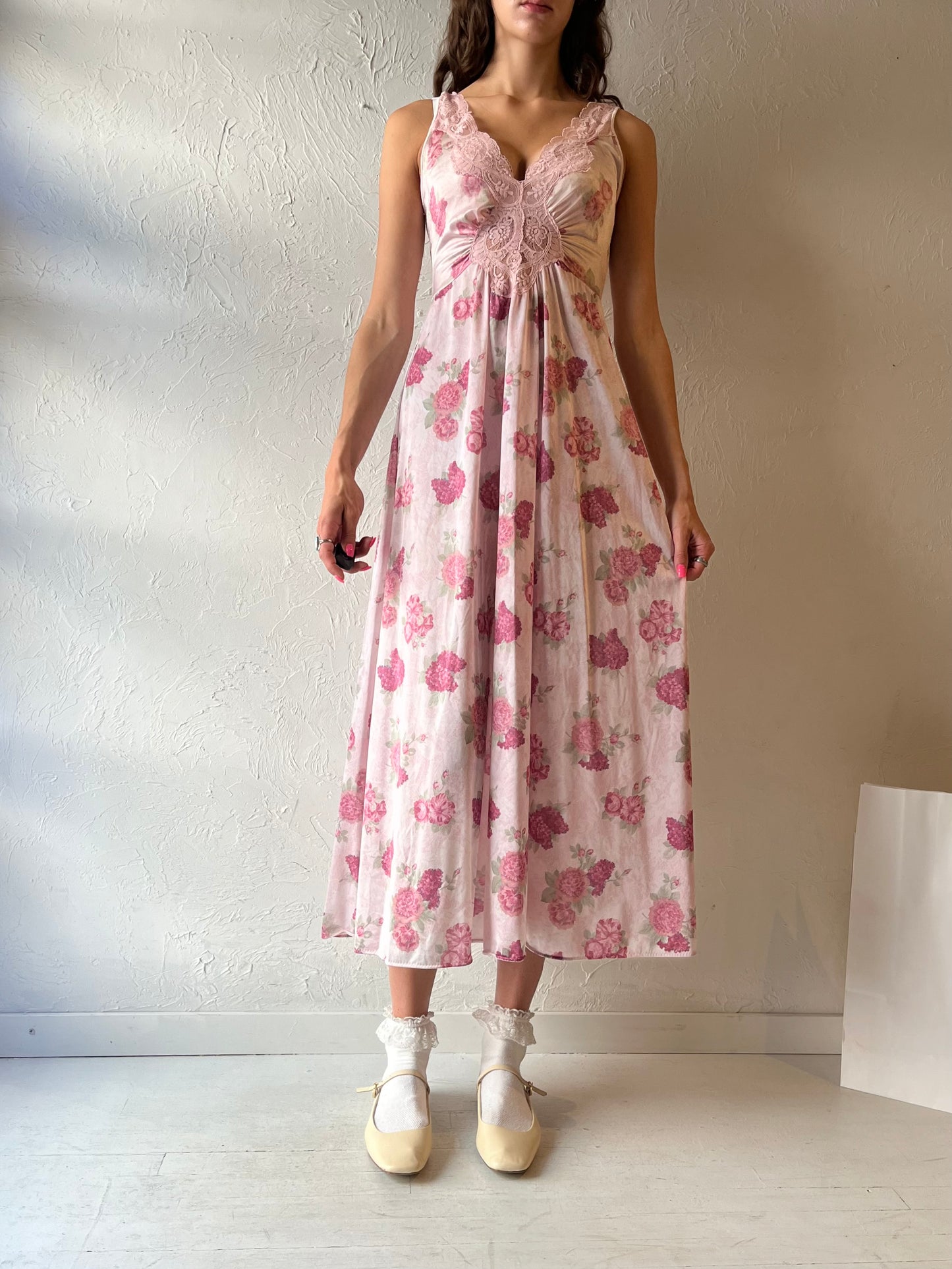 70s 'Olga' Pink Floral Slip Dress / Small