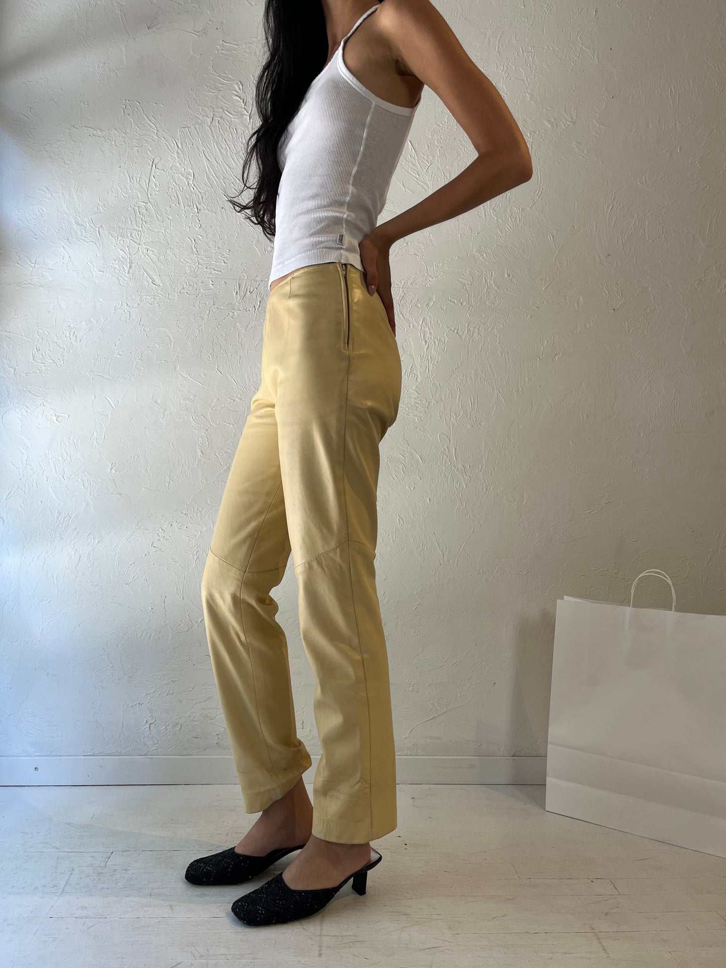 90s 'Danier' Beige Leather Pants / Small - Medium