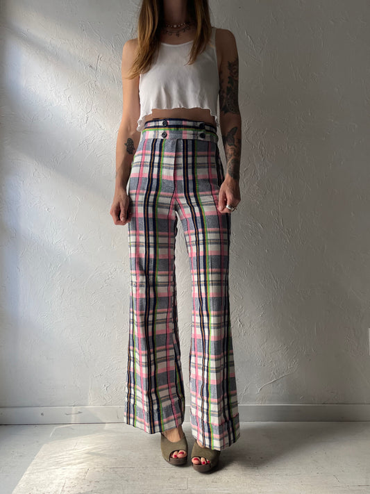 70s Retro High Waisted Plaid Flare Pants /  Small
