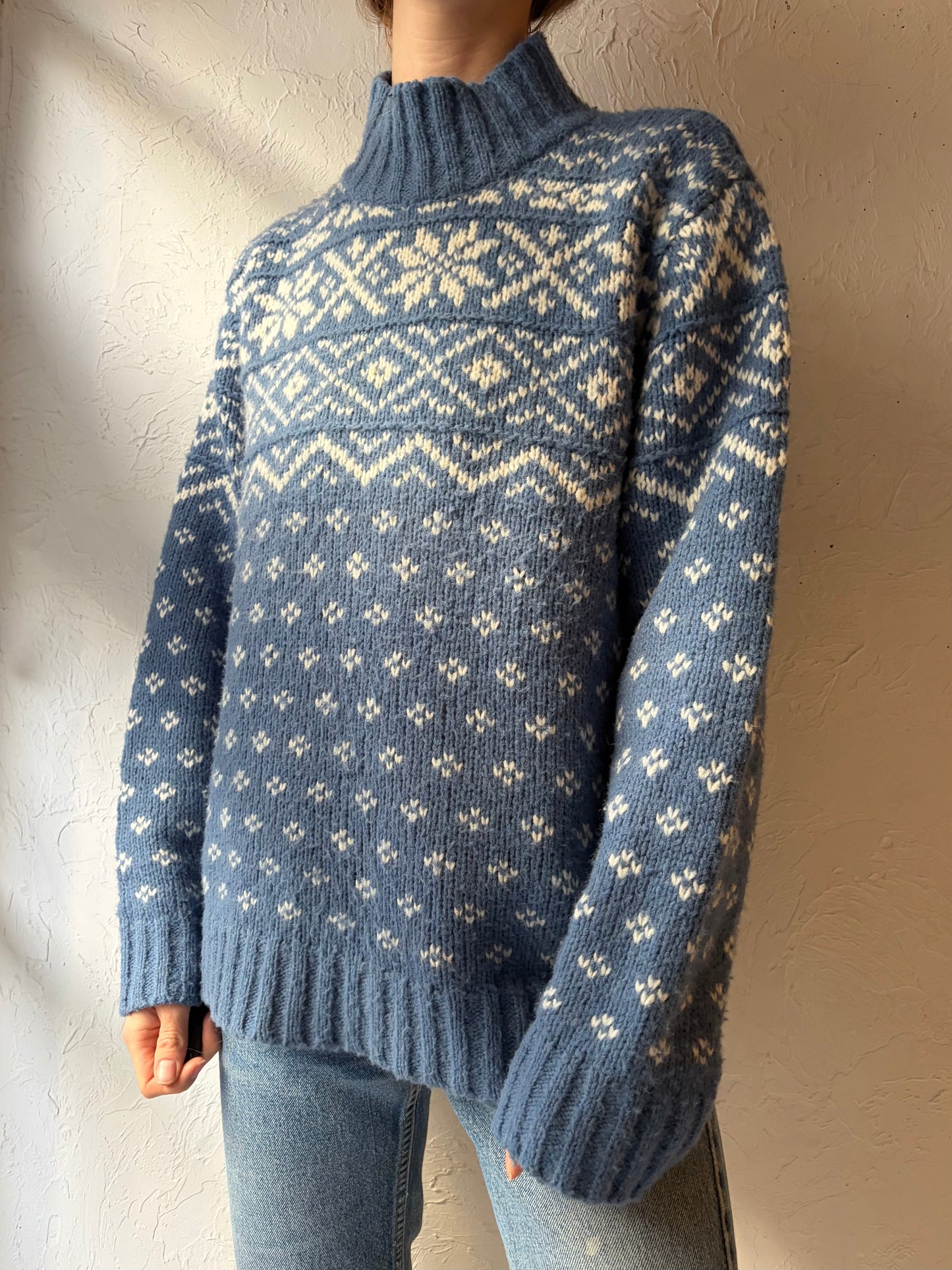 90s 'Denver Hayes' Baby Blue Snow Flake Sweater / Large