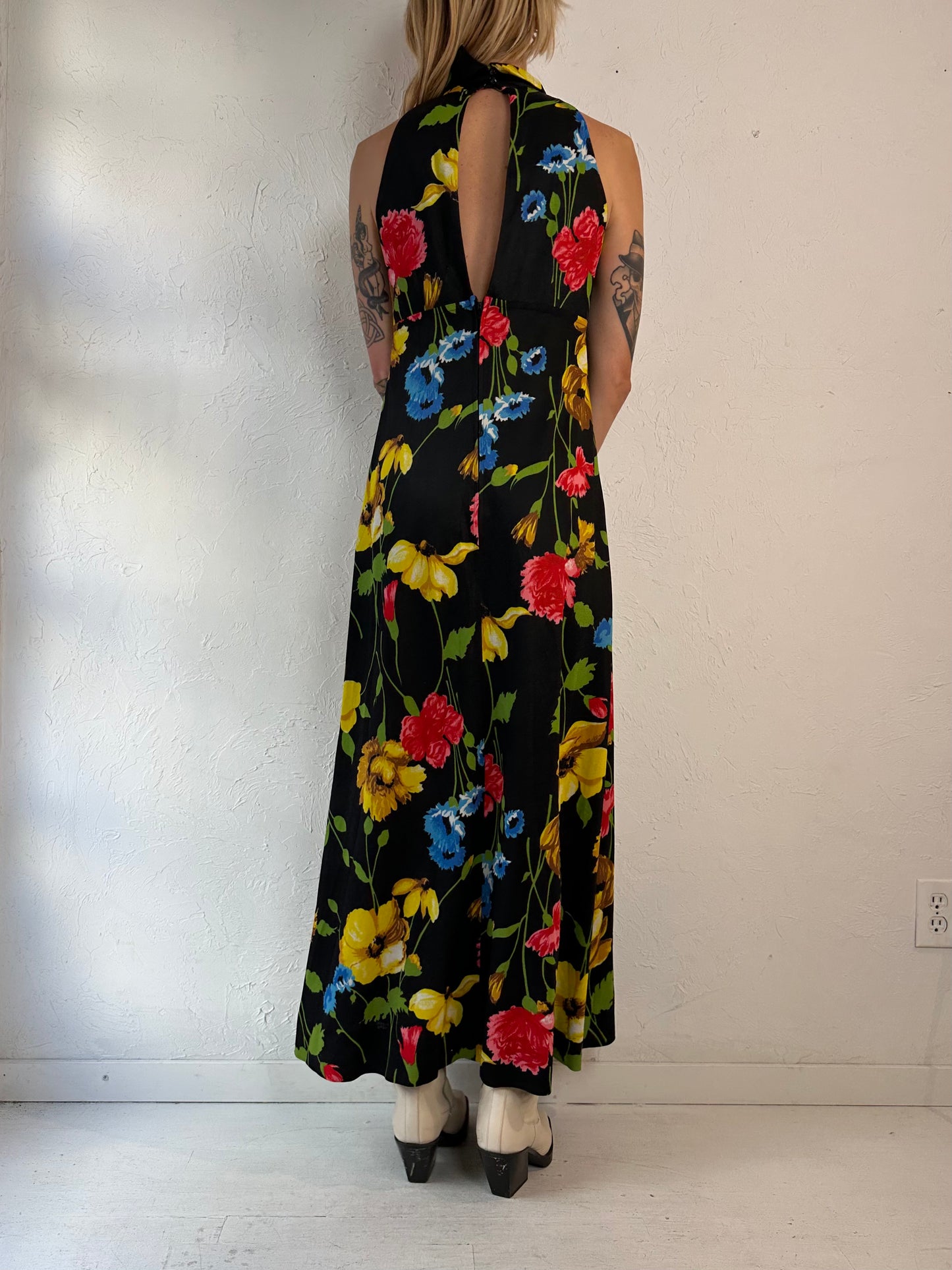 70s Handmade Black Floral Print Maxi Dress / Small